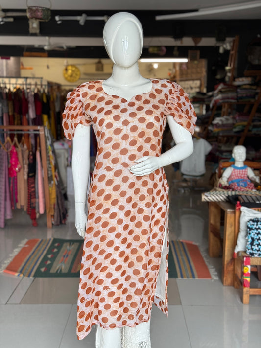 Georgette hand batik straight kurti with lining - brown dots
