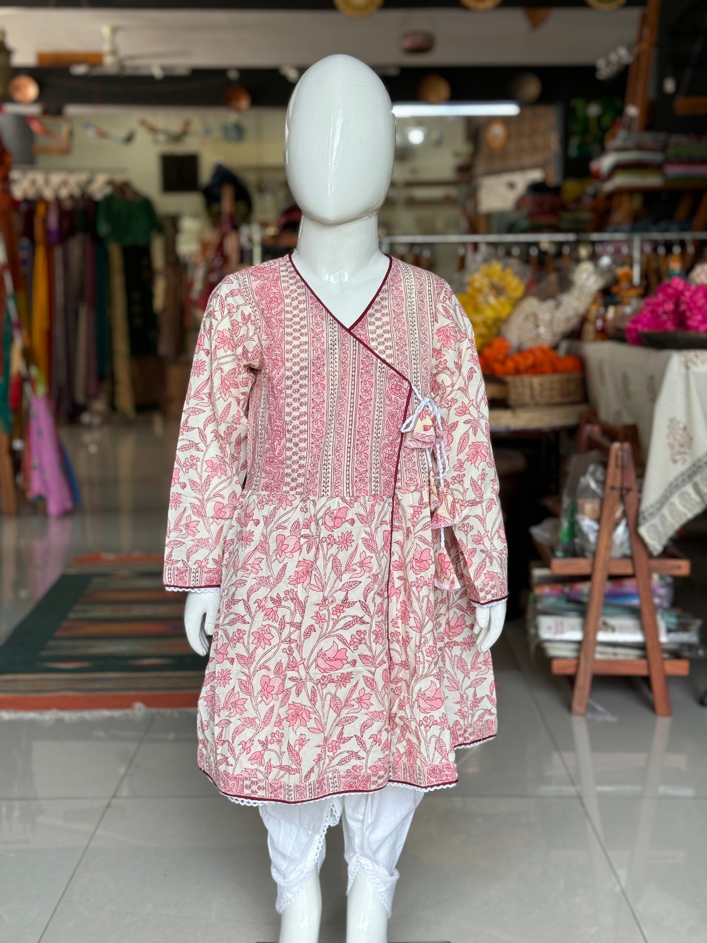Off white pink floral angrakha style cotton flared kurta and dhoti pants set for girls with lace detailing