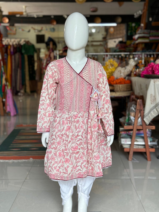 Off white pink floral angrakha style cotton flared kurta and dhoti pants set for girls with lace detailing