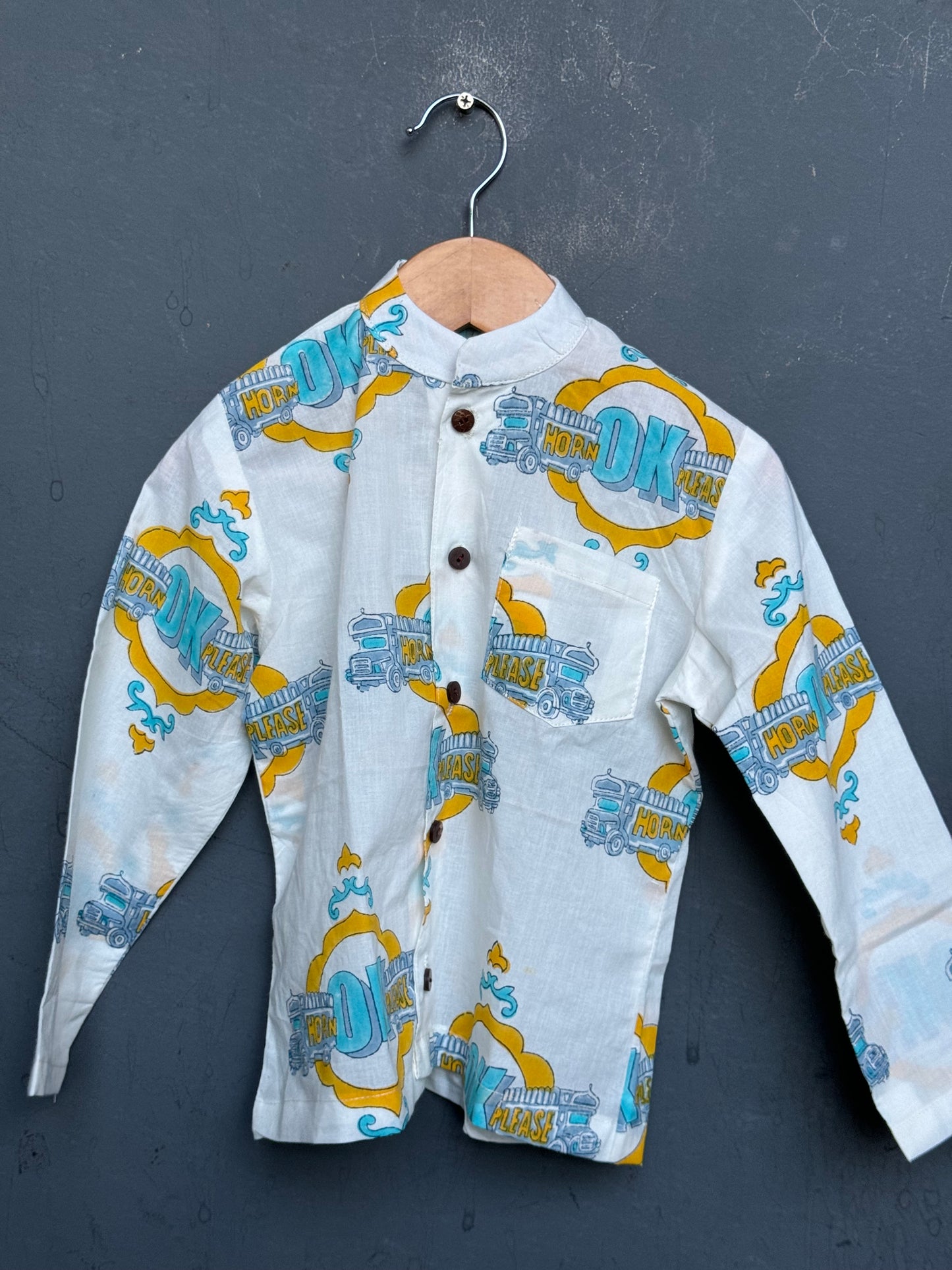 “Horn OK please” quirky hand block print cotton band collared shirt for boys
