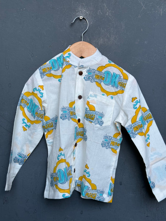“Horn OK please” quirky hand block print cotton band collared shirt for boys