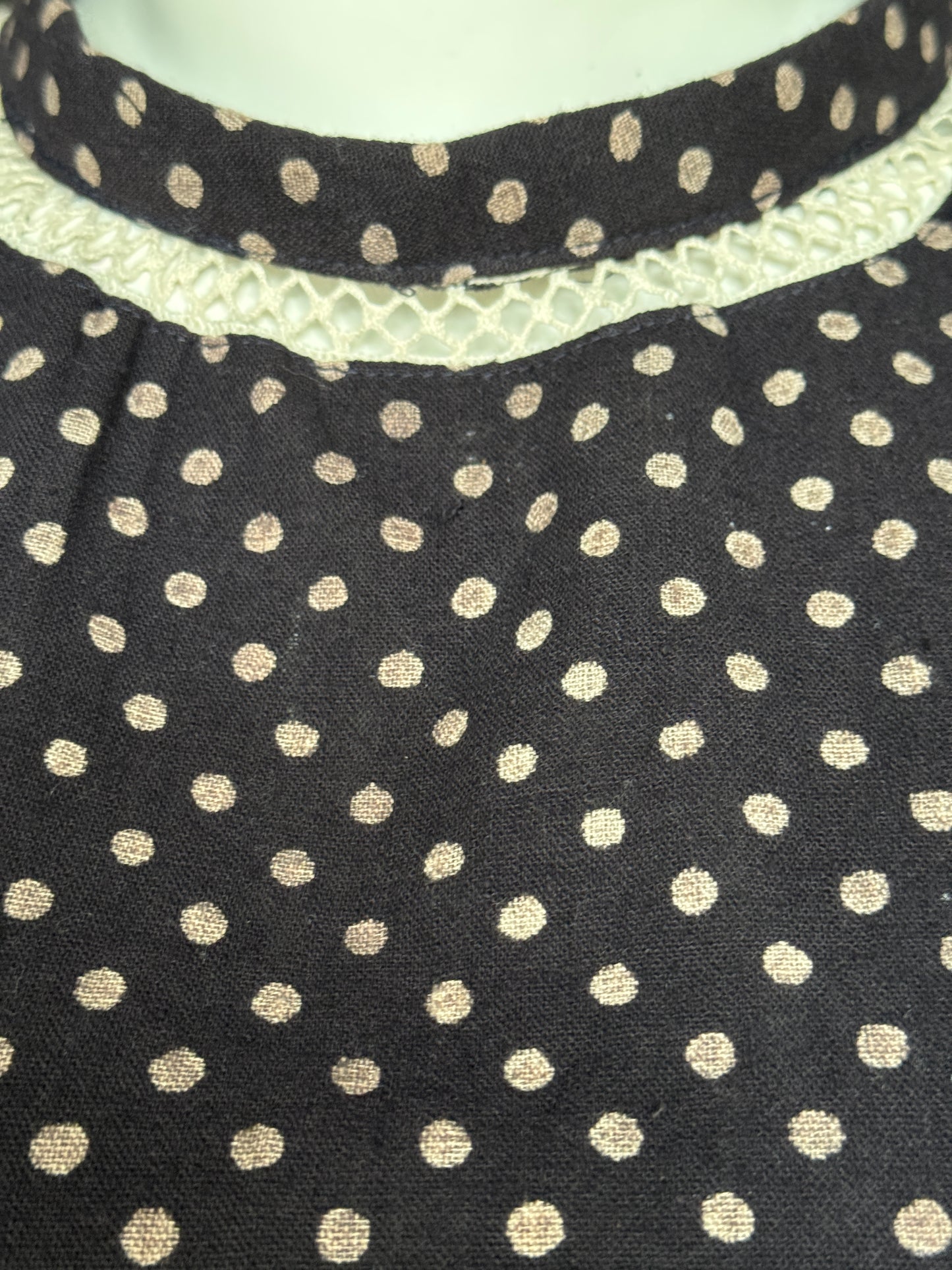 Black polka dots hand woven organic kala cotton top with lace detailing - hand block printed, natural dyed, hand woven