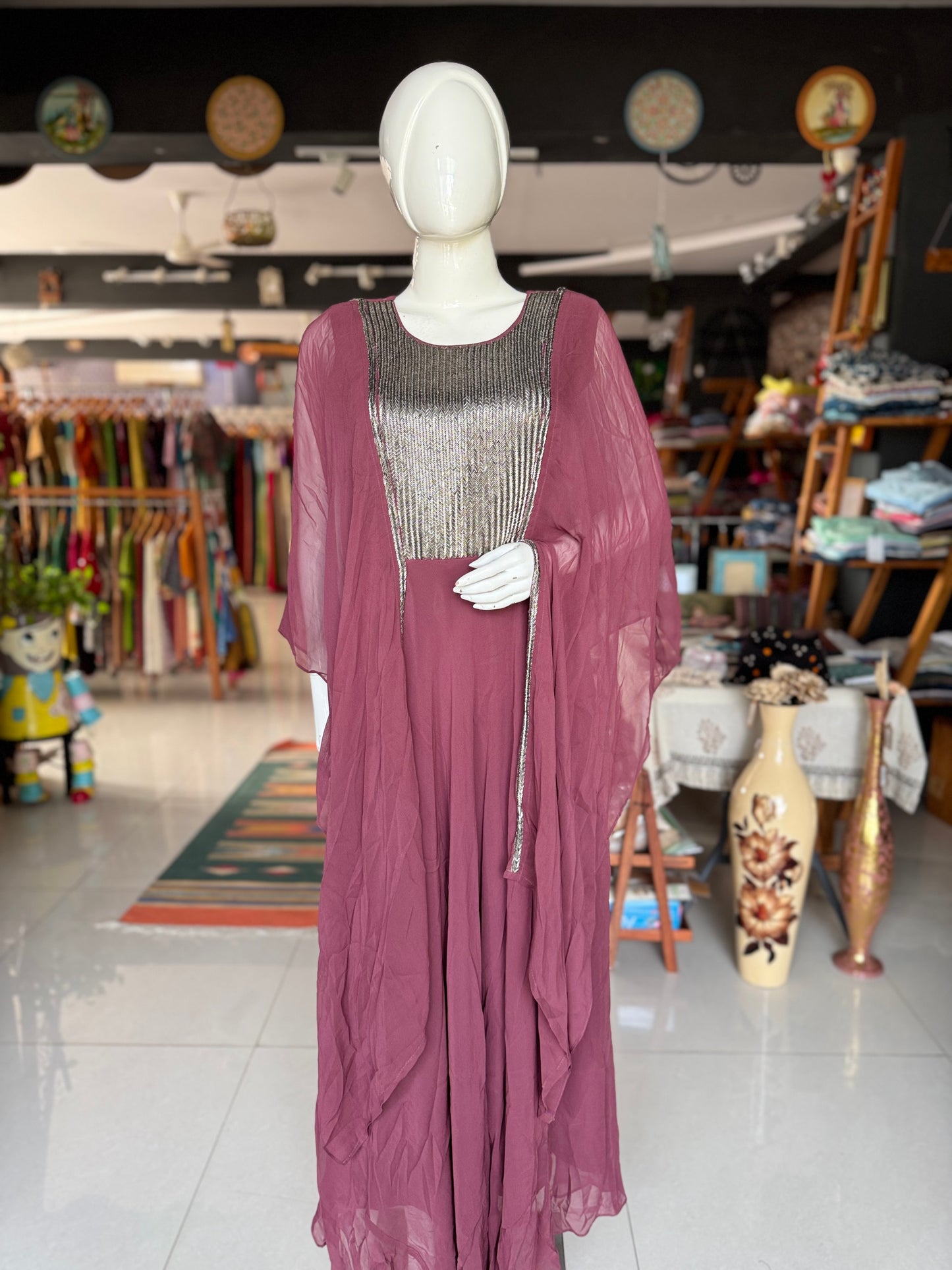 Georgette dress with attached drape and heavy front embroidery - party outfit