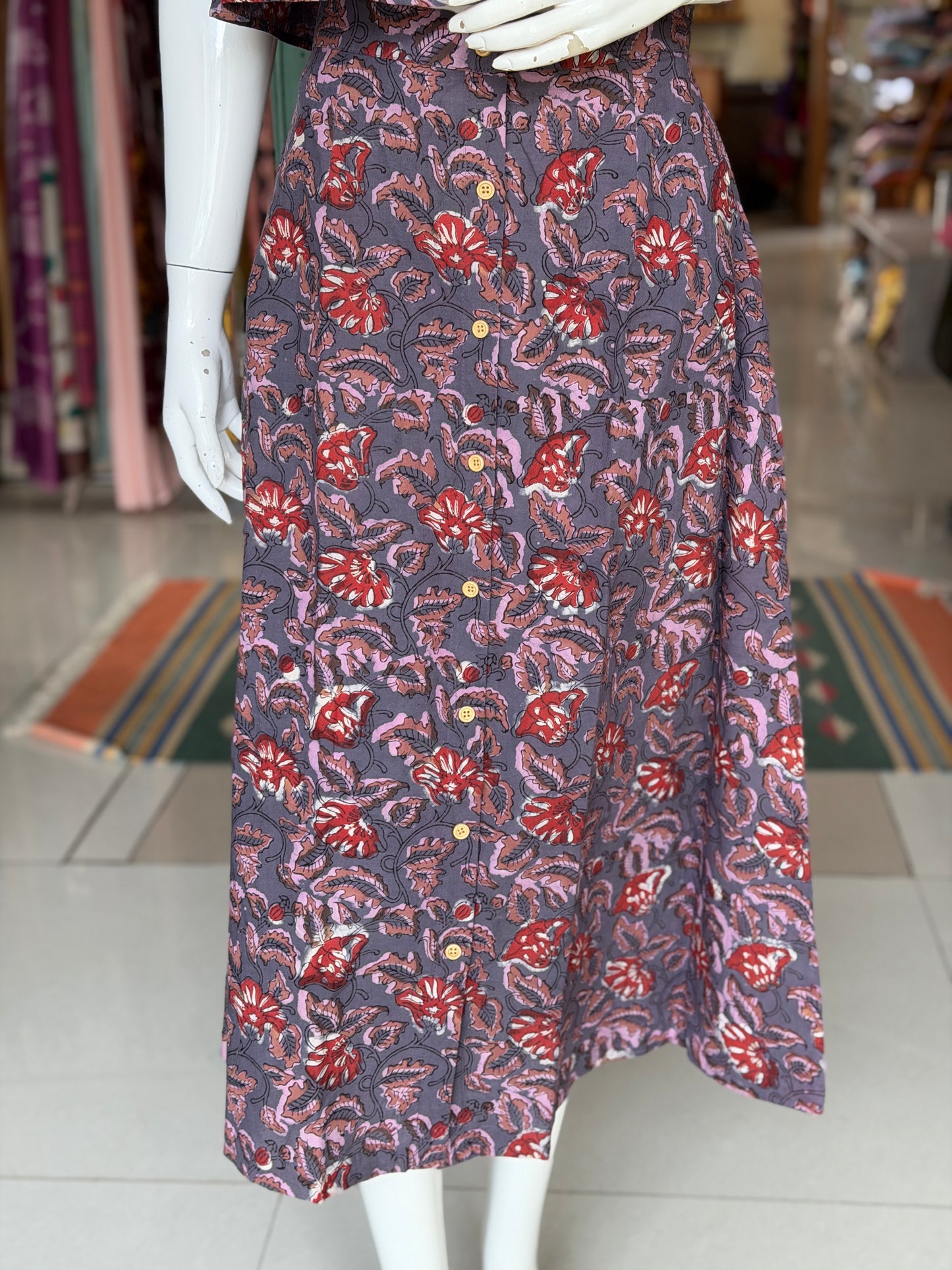 Purple floral hand block printed cotton coord set with sleeveless crop top and skirt with front buttons detailing