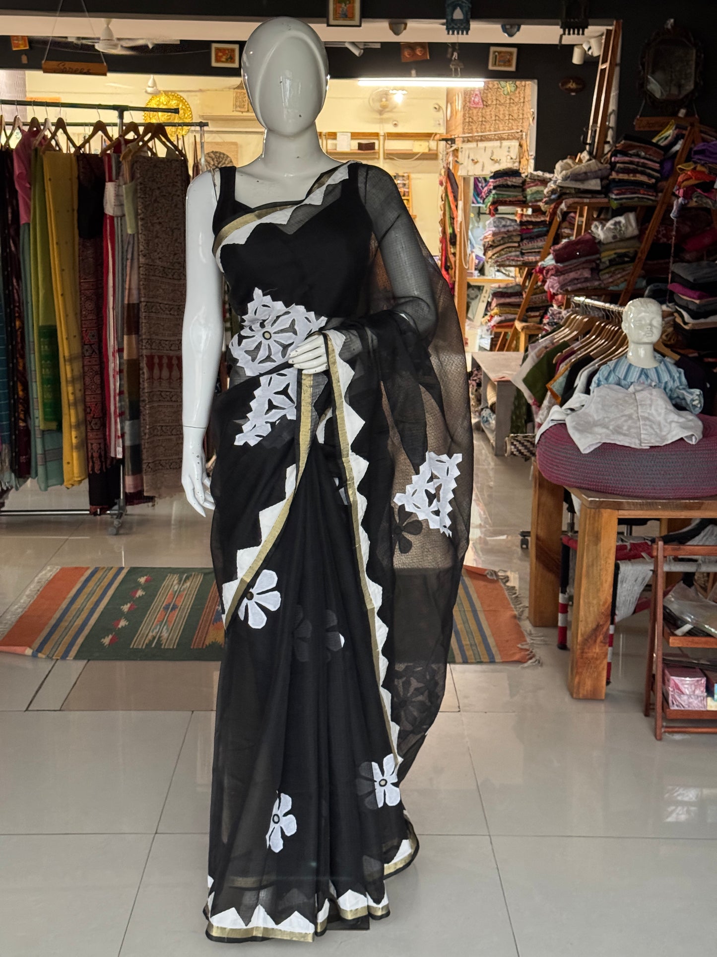 Black soft kota cotton saree with white flowers Applique patches