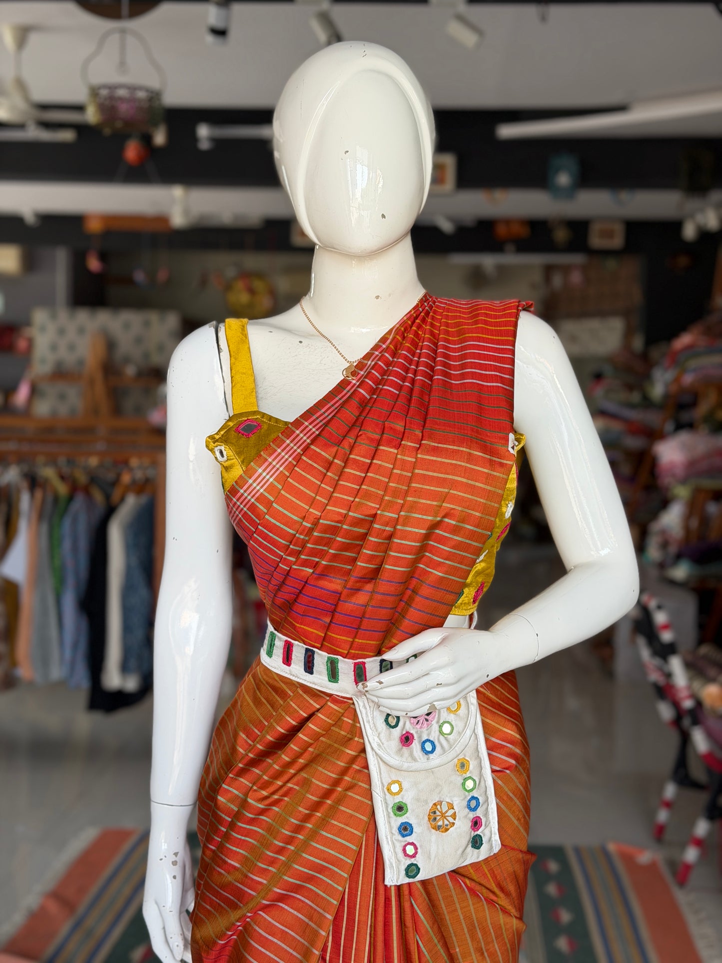 Mashru belt with attached phone pouch - hand embroidered mirror work