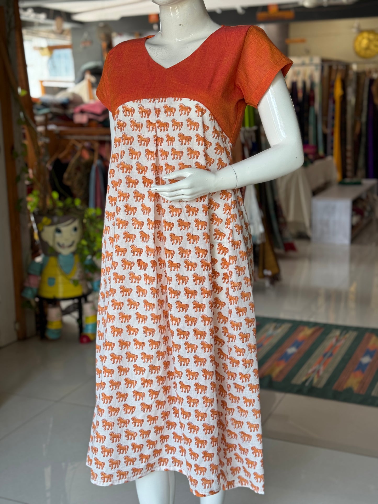 White n Orange cotton dress with horses hand block prints
