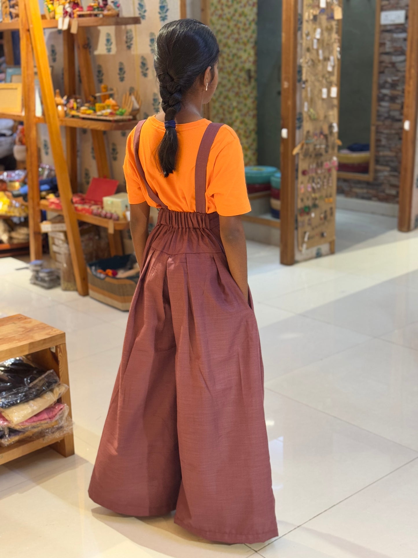 Wine tone pleated flared pants for girls with suspenders