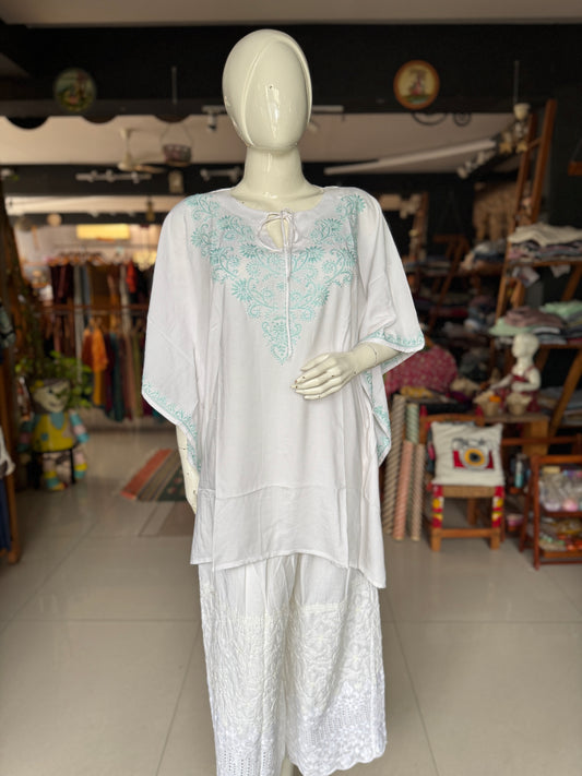 White Chikankari hand embroidered cotton kaftan
