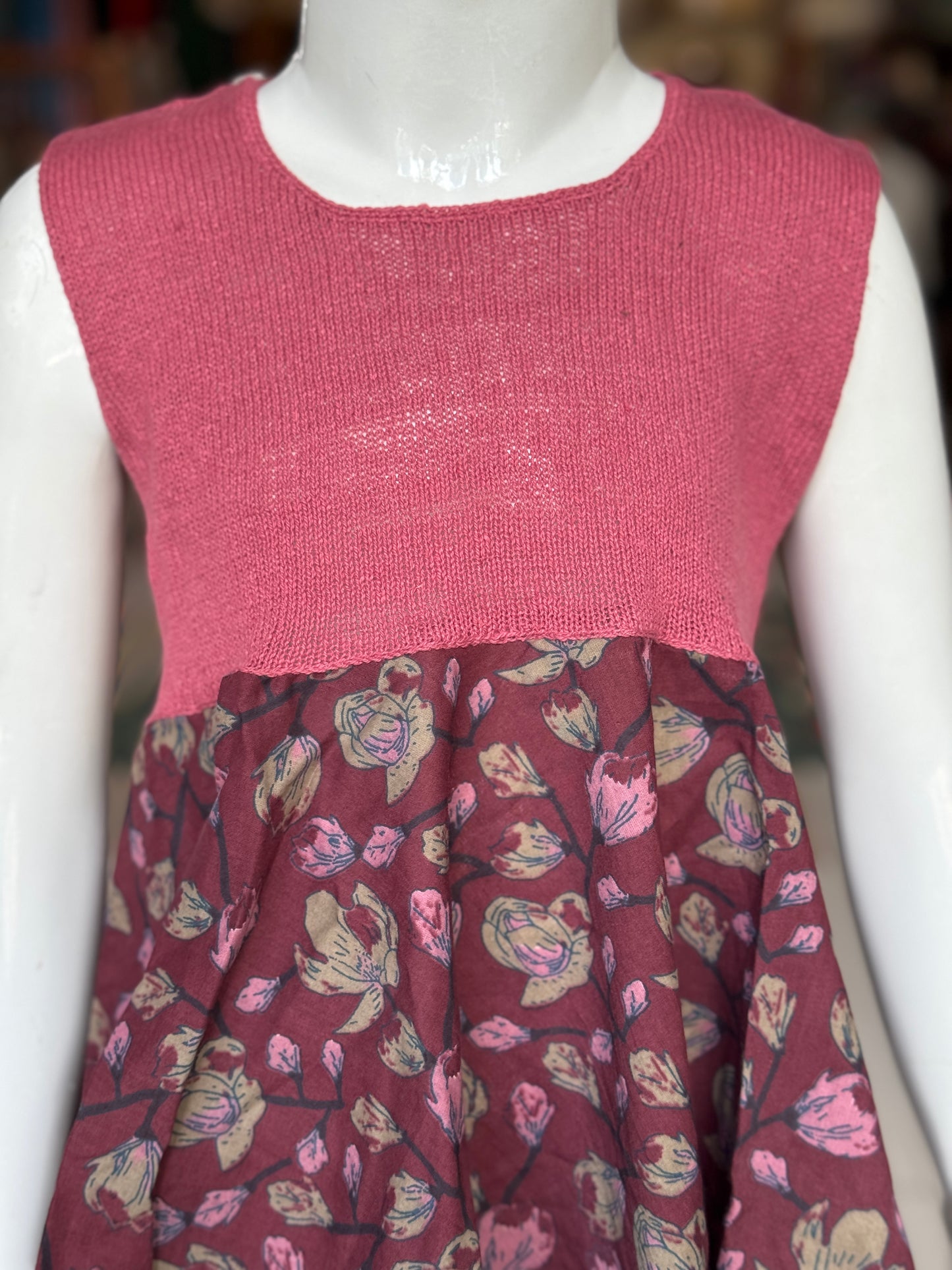 Crochet hand work yoke with hand block printed kerchief cut soft cotton frock