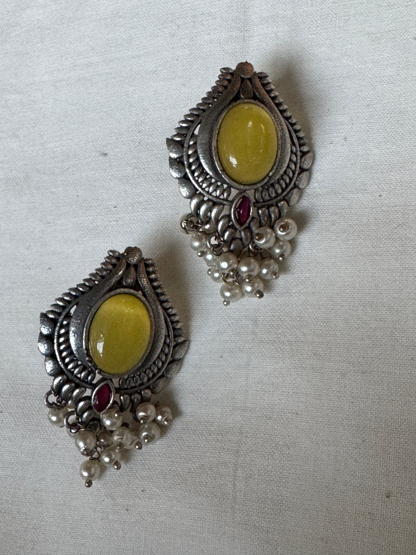 Light green and pink stones brass studs earrings with pearl beads drops