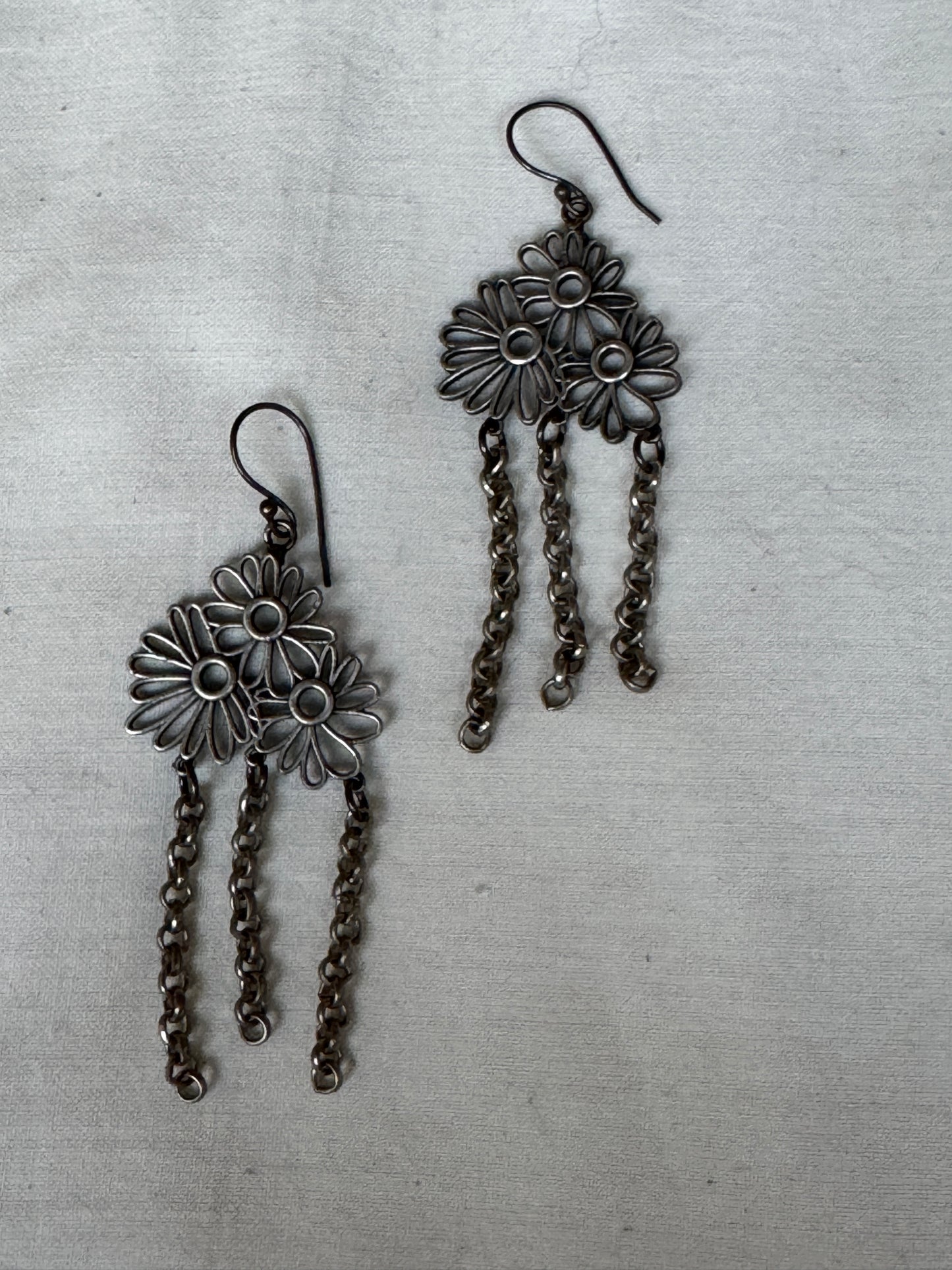 3 flowers with chain drops oxidised silver look brass hook ear rings