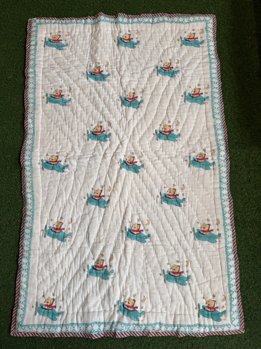 Bear on a plane cute hand block printed reversible cotton quilts / play mats for children