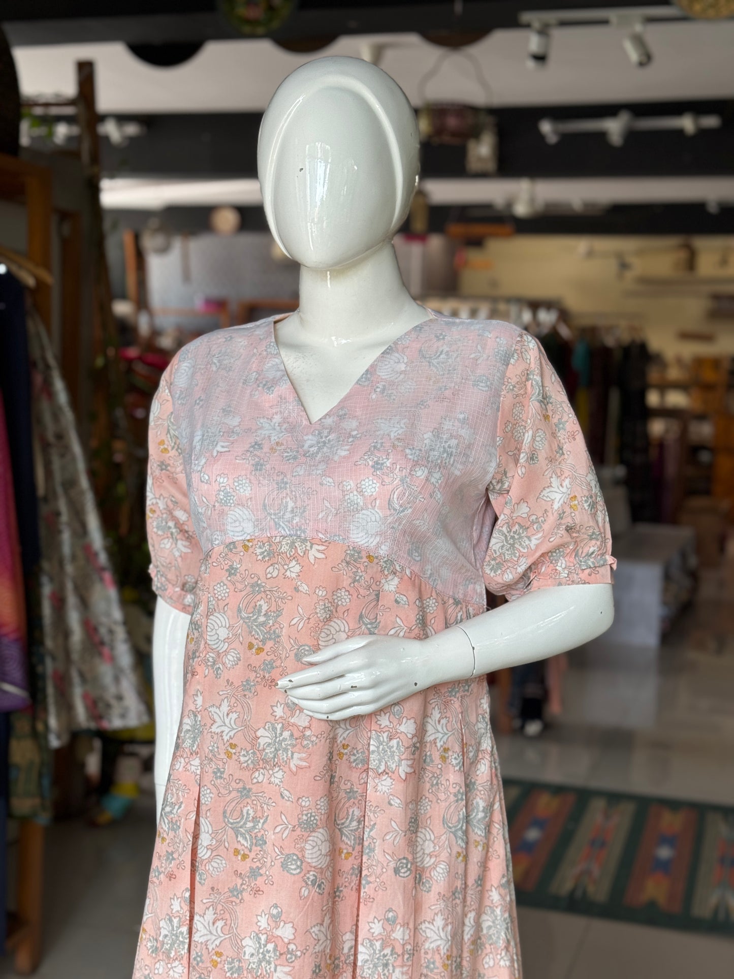 Peach floral hand block printed soft cotton dress with white kota cotton overlay