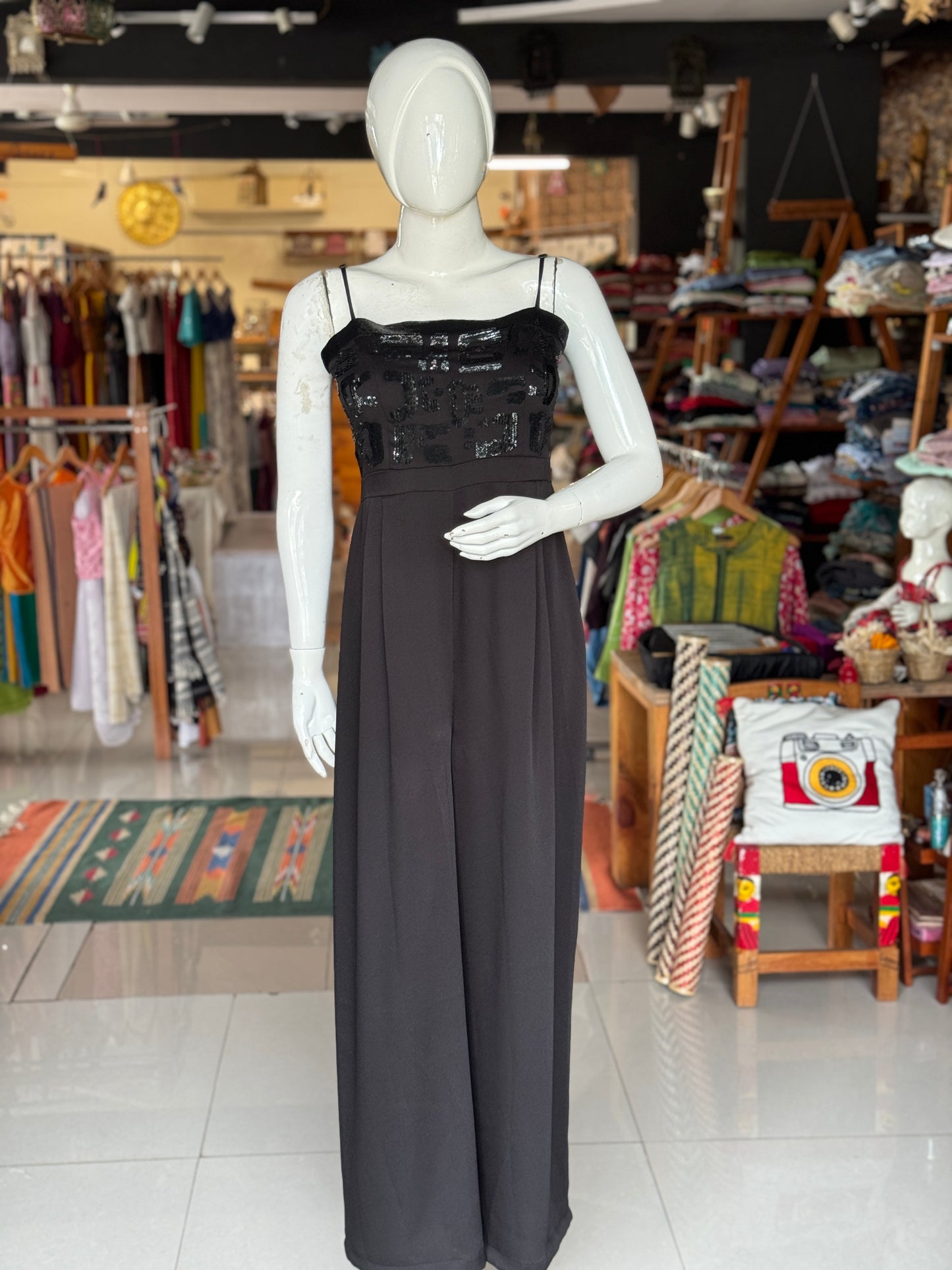 Crepe strappy jumpsuit with hand embellished yoke - color options available