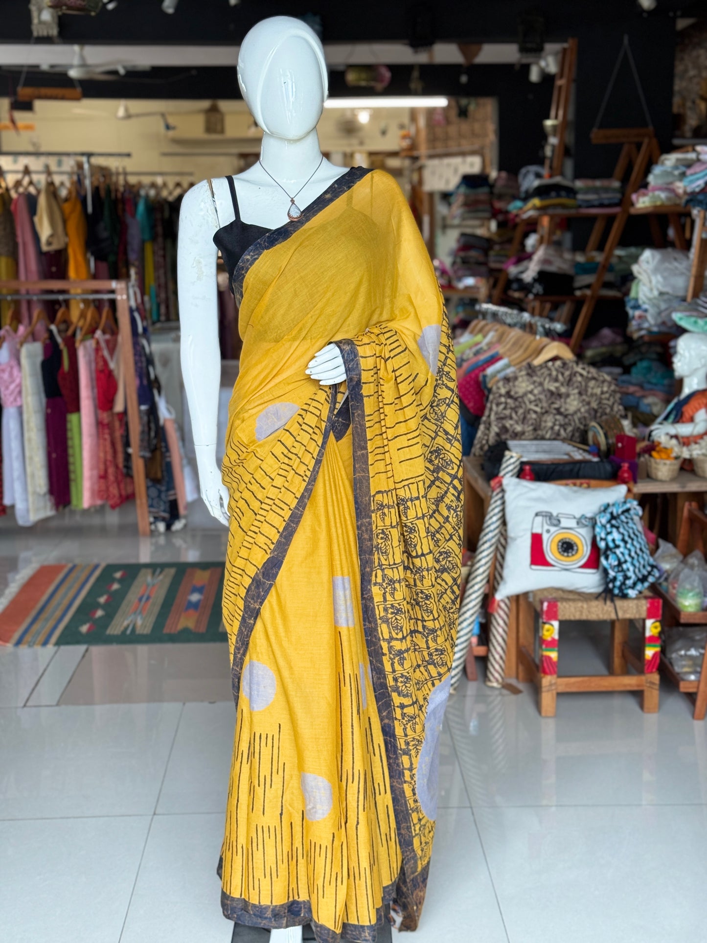 Batik soft cotton saree in yellow, grey