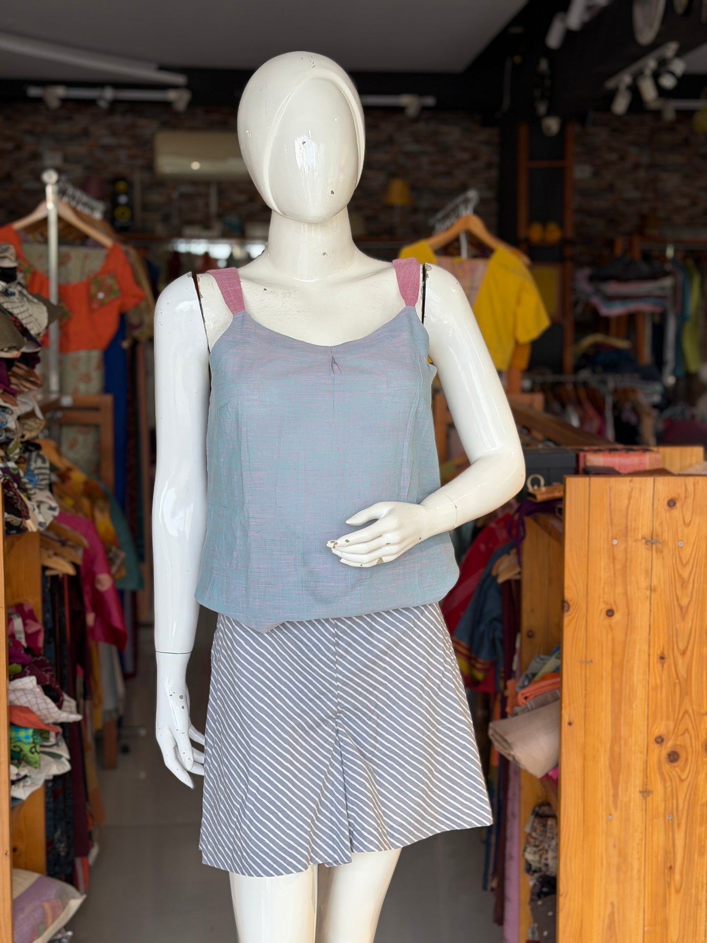 Grey and white cross stripes pleated cotton shorts for women