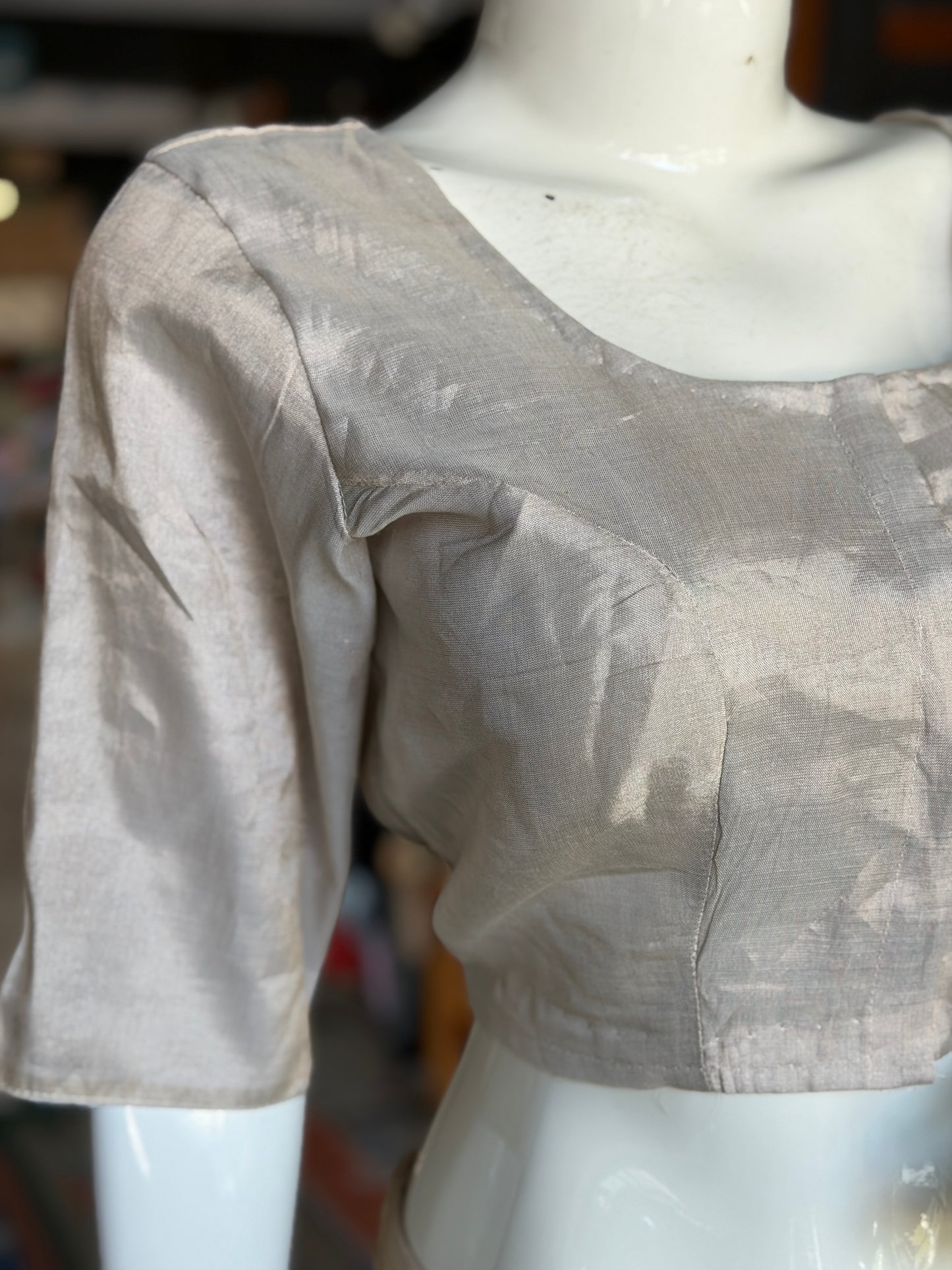 Silver gold tissue silk Chanderi handloom blouse with elbow sleeves