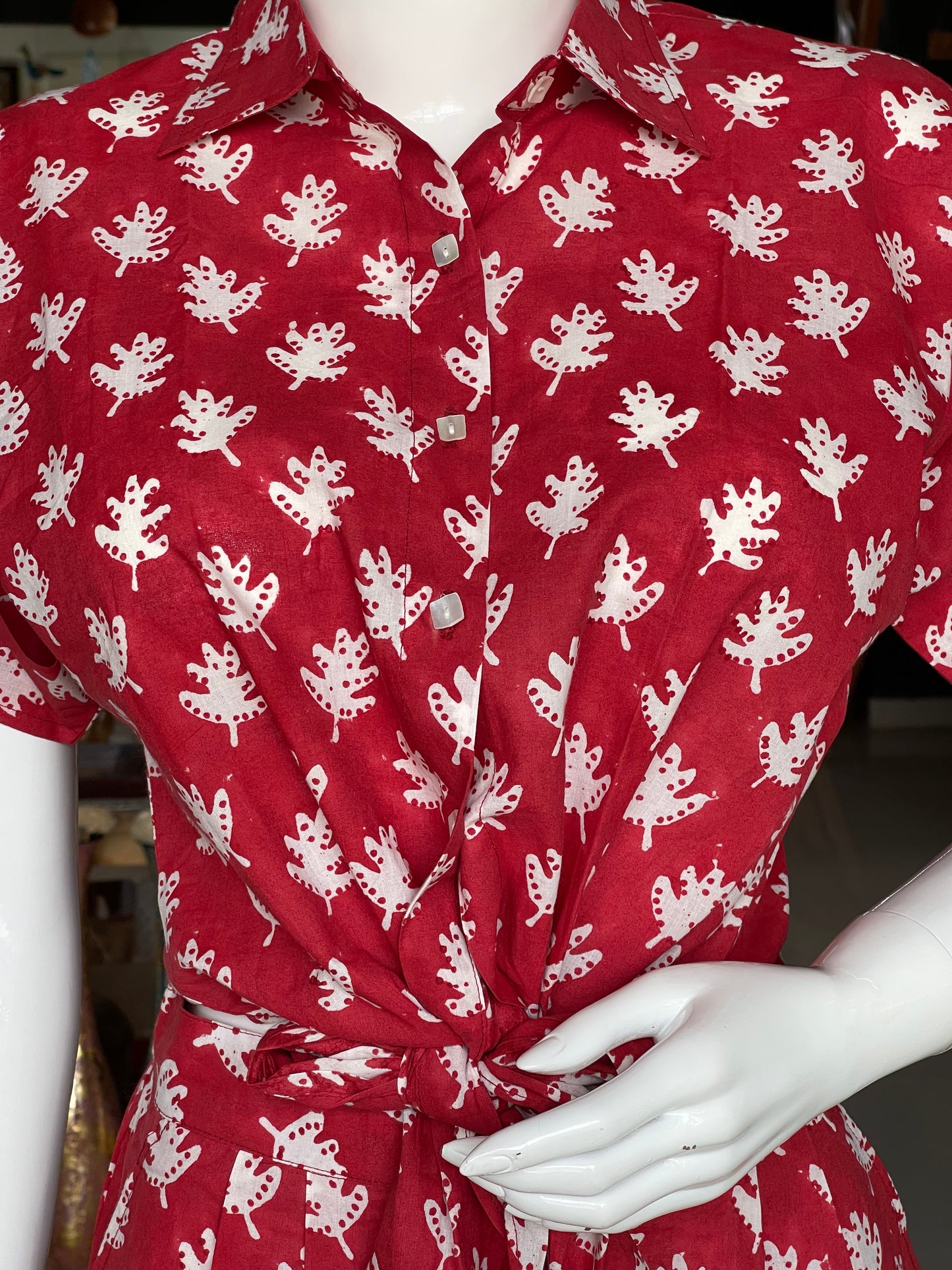 Red hand block printed collared cotton top and pants coord set