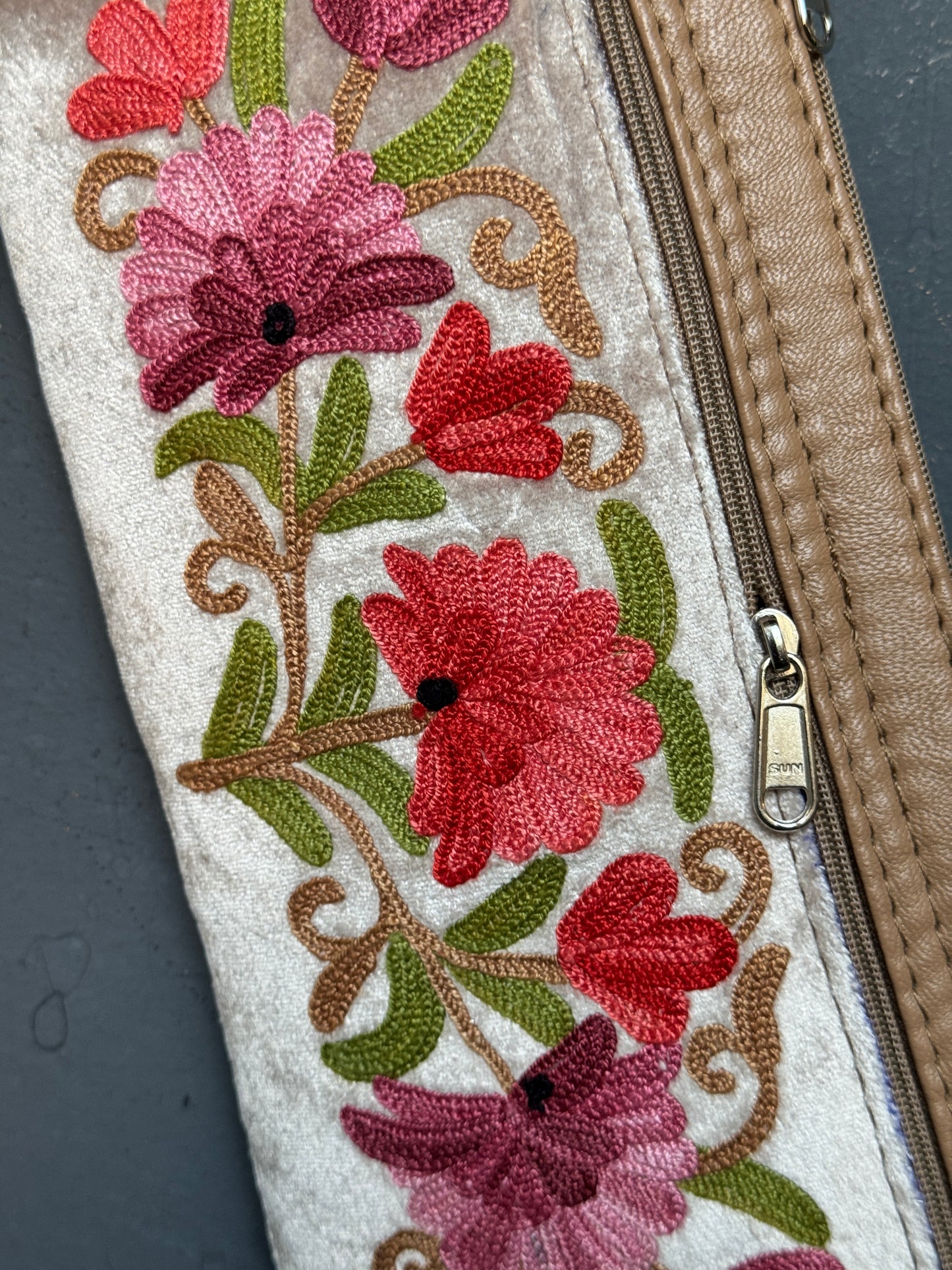 Wristlet purse pouch with Kashmiri floral Aari embroidery on both sides - 3 zippers