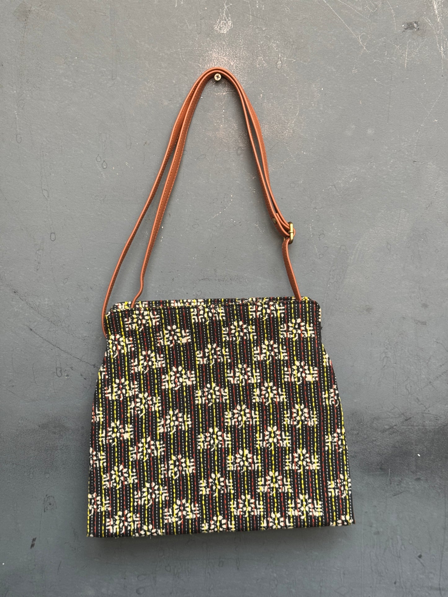 Kantha hand embroidered printed fabric sling bag with adjustable straps