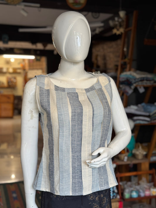 Blue and Off white stripes kala cotton, handwoven top with pleated front and boat neck