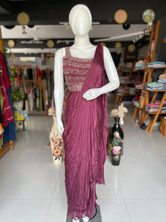 Wine hand embroidered satin and georgette drape dress