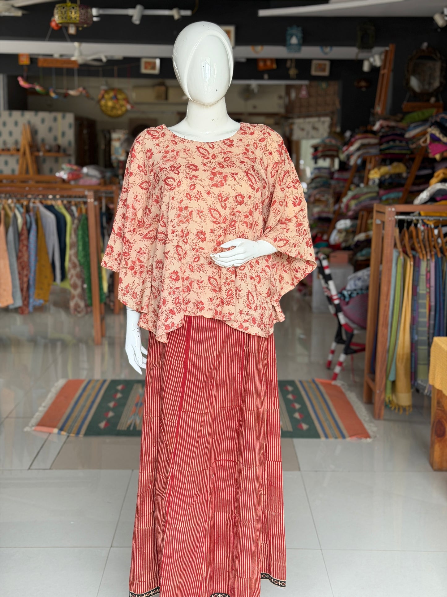 Rust flowers beige cape top - hand block printed, natural dyed, Kalamkari satin cotton top