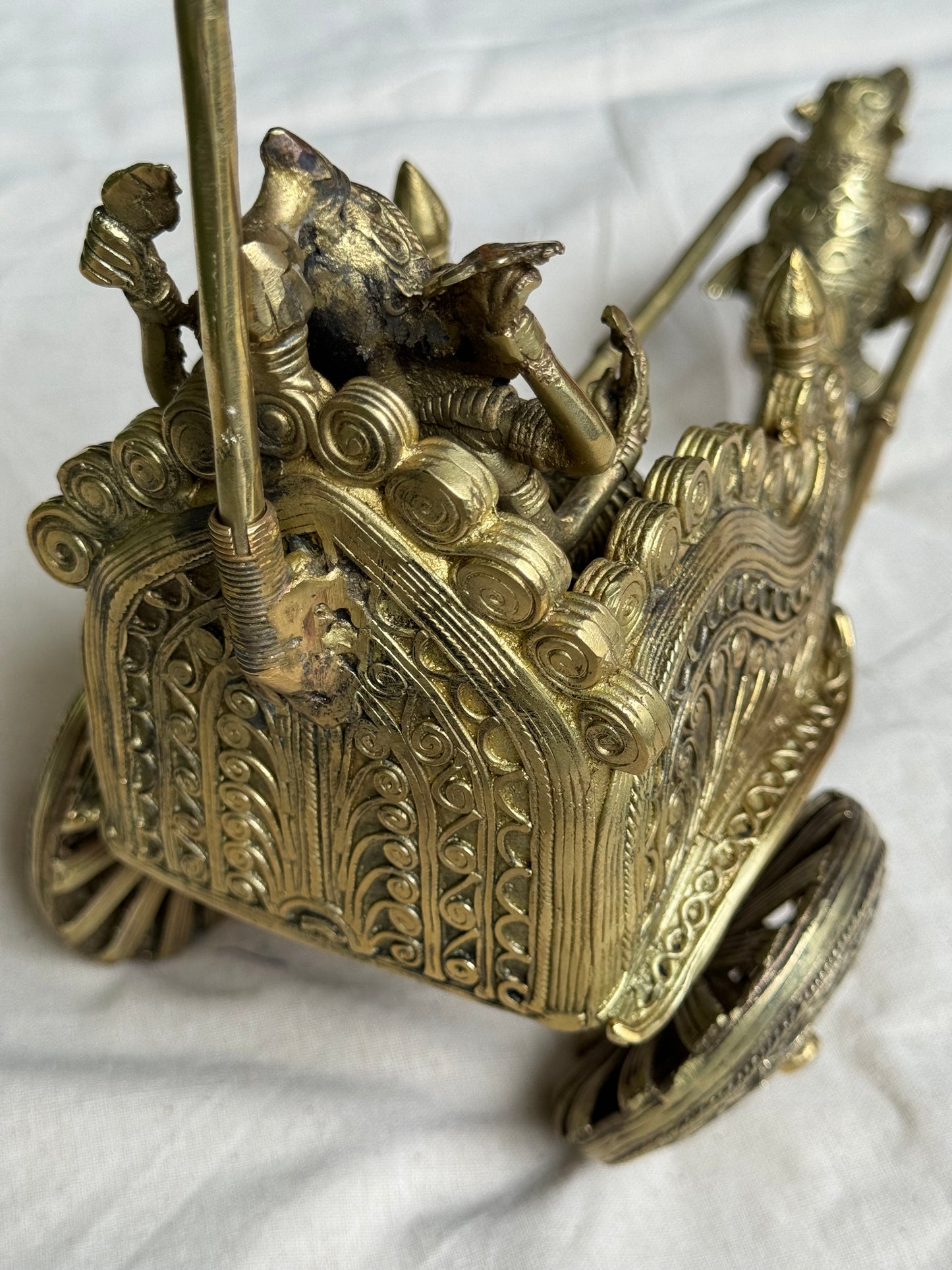 Ganesha on a rath/ chariot pulled by mooshika - brass dokra hand crafted decor