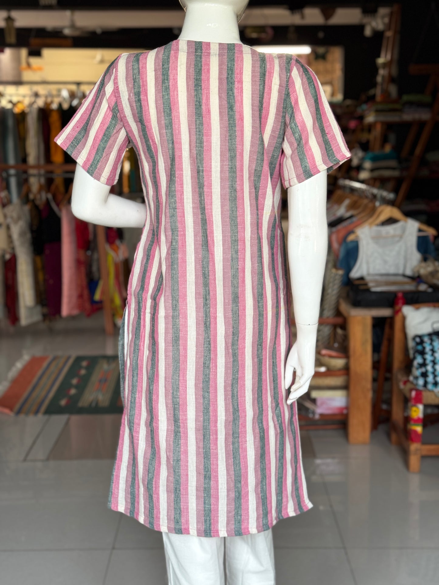 Pink, purple and white stripes kala cotton, handwoven kurti with front pleat