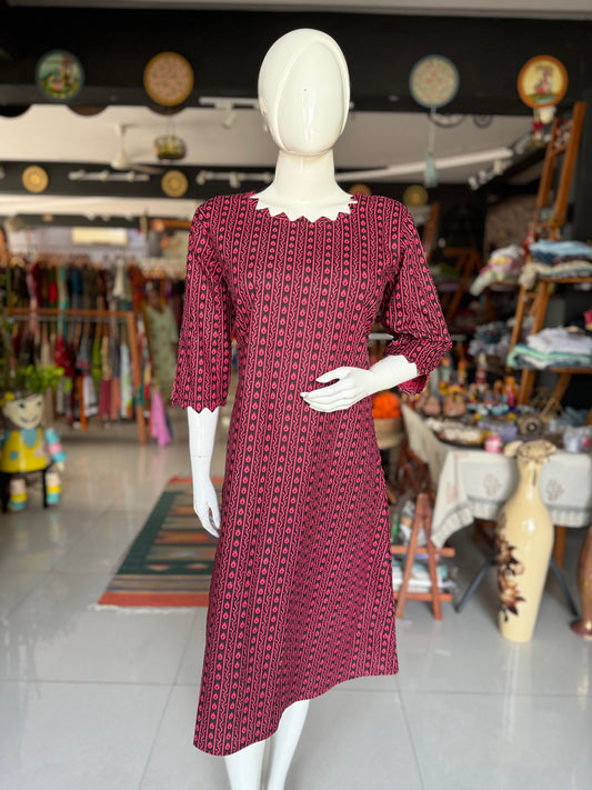 Black and pink printed cotton A-line kurti