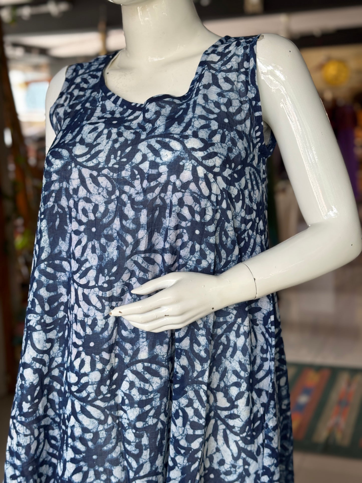 Indigo batik flowy soft hand block printed mul cotton sleeveless dress