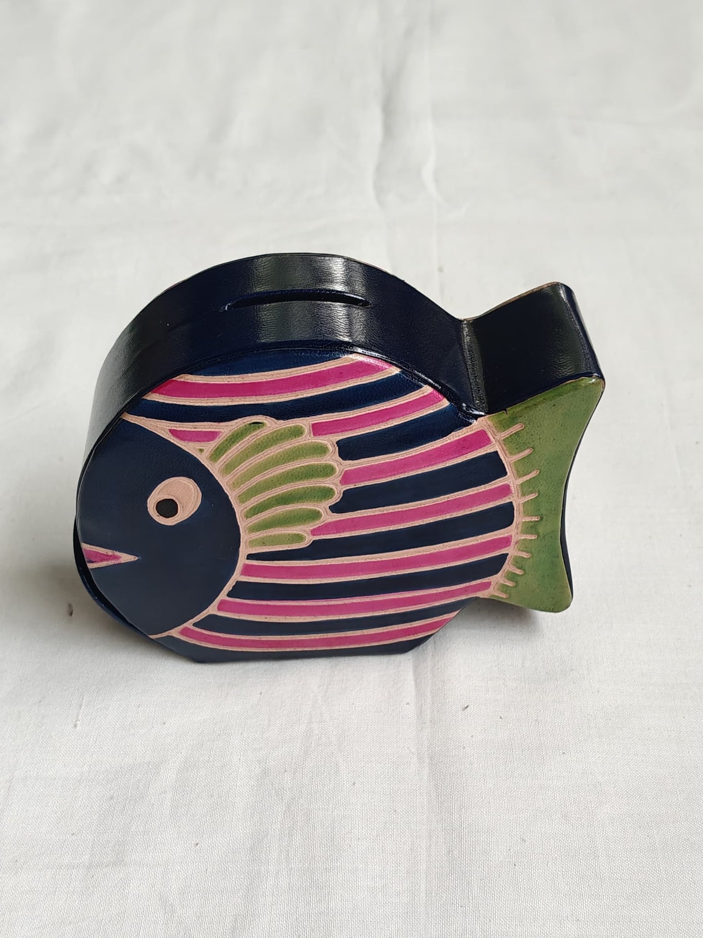 Leather handcrafted money bank - embossed and painted - multiple designs available