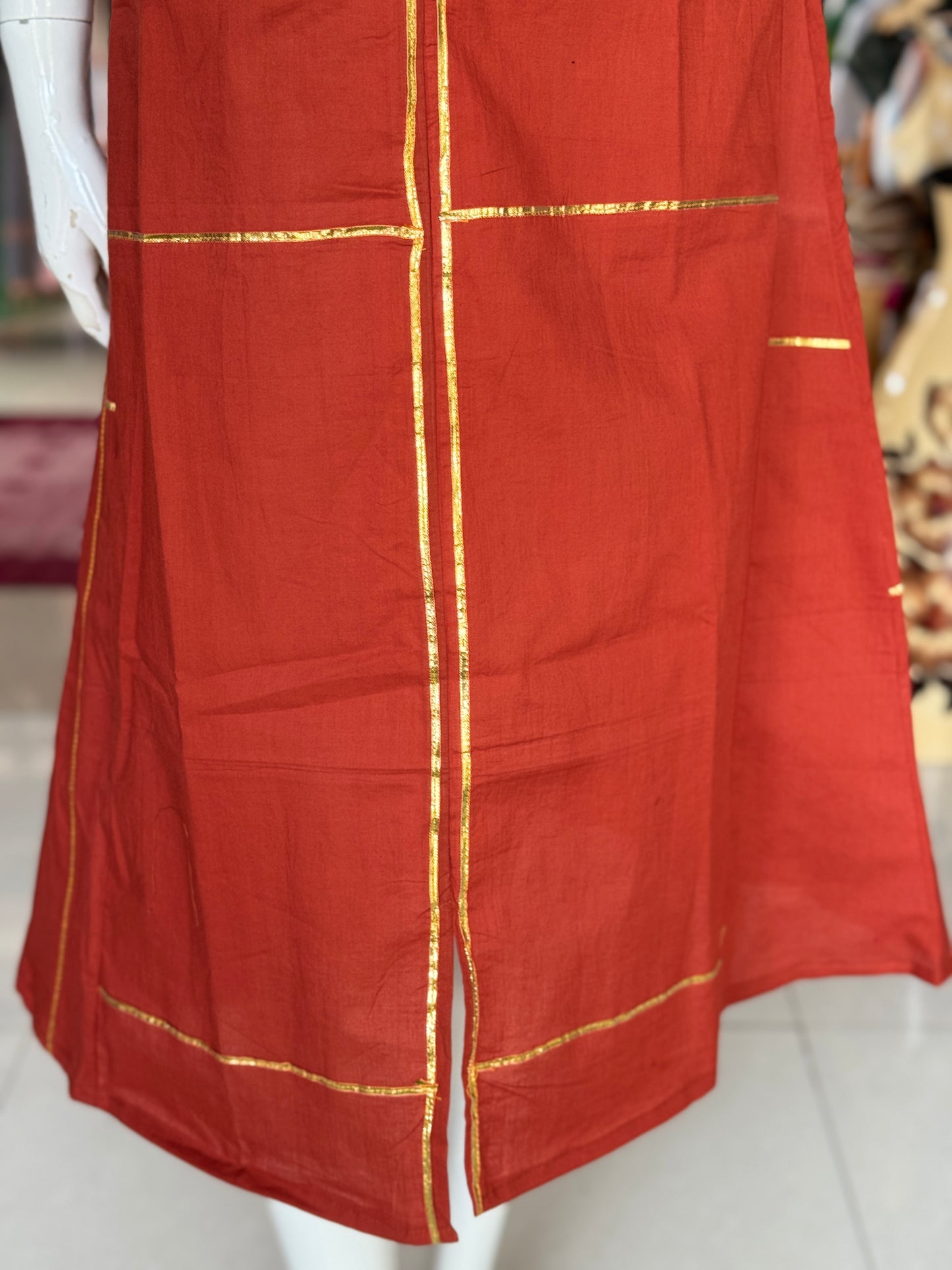 Maroon cotton kurta with gota lace detailing and puff sleeves