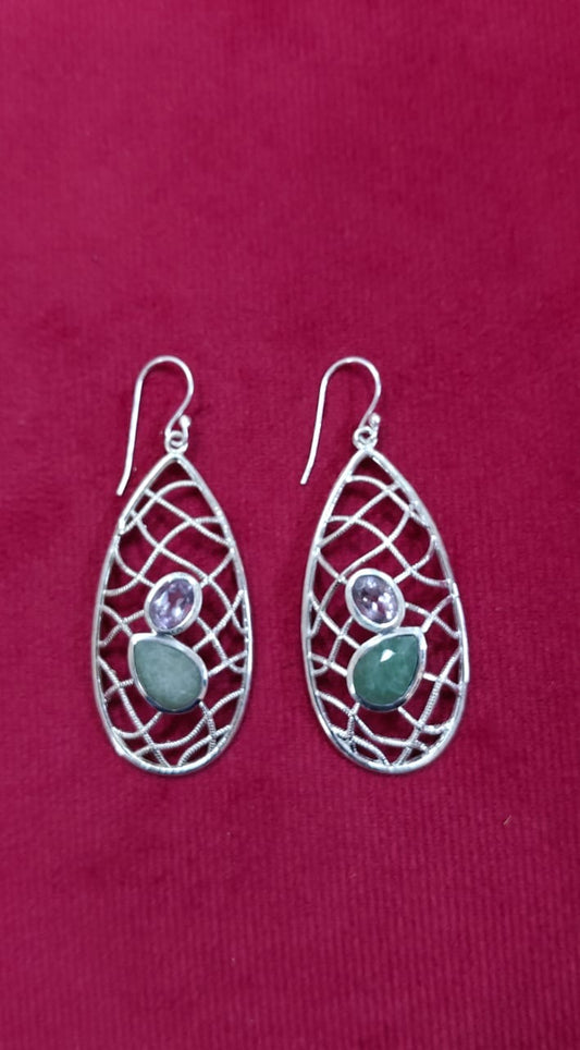 Drop shaped webbed hooks with semi precious stones in 92.5 sterling silver