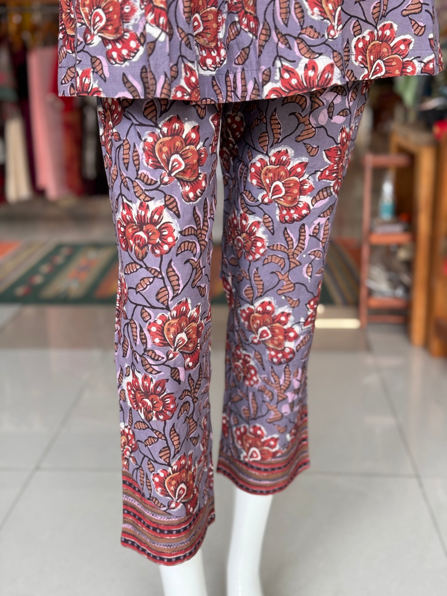 Purple stripes and flowers hand block printed short kurti with straight pants set