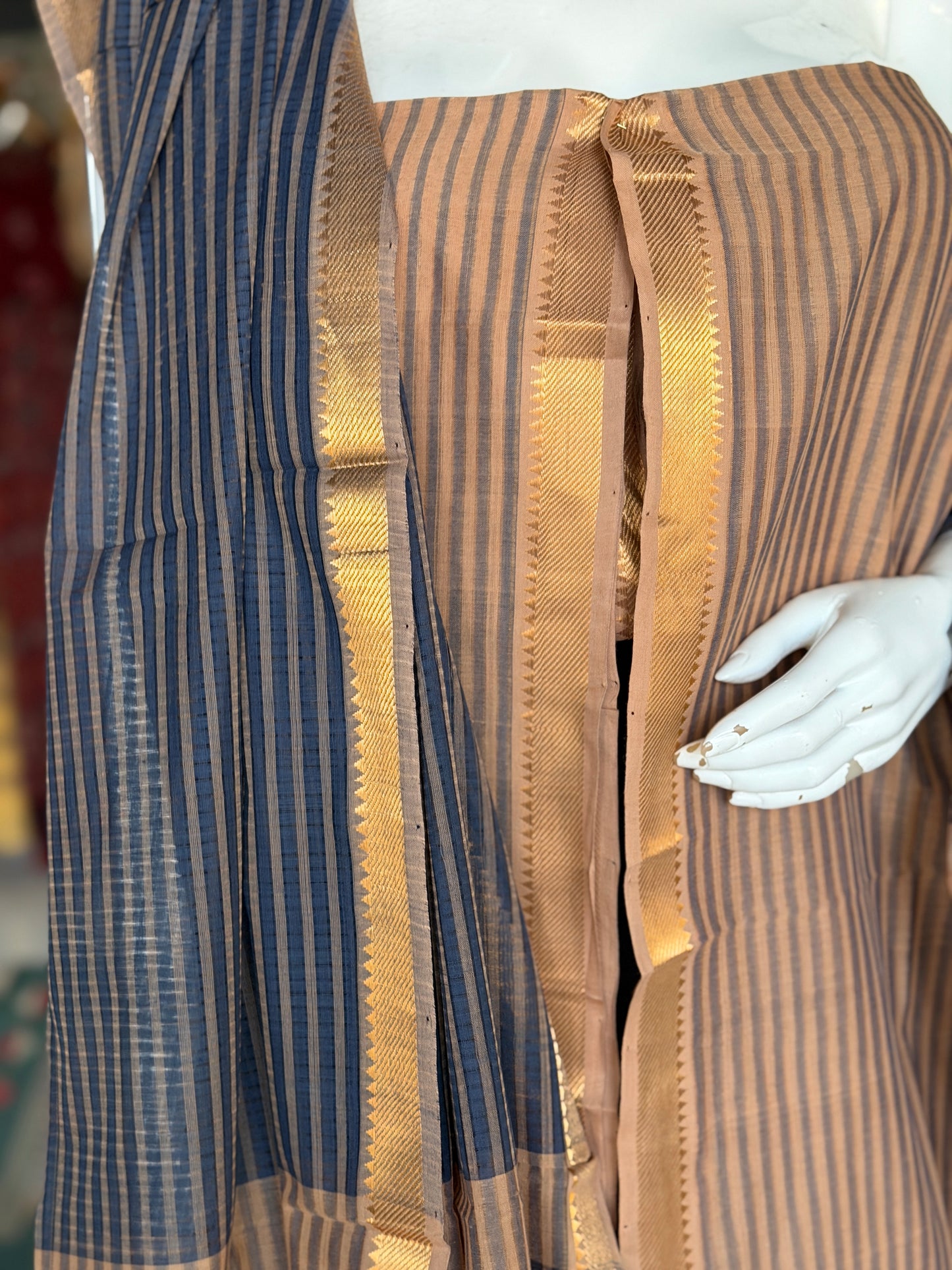 Beige and navy blue cotton handwoven mangalagiri 3 piece unstitched set - kurti, pants n dupatta set