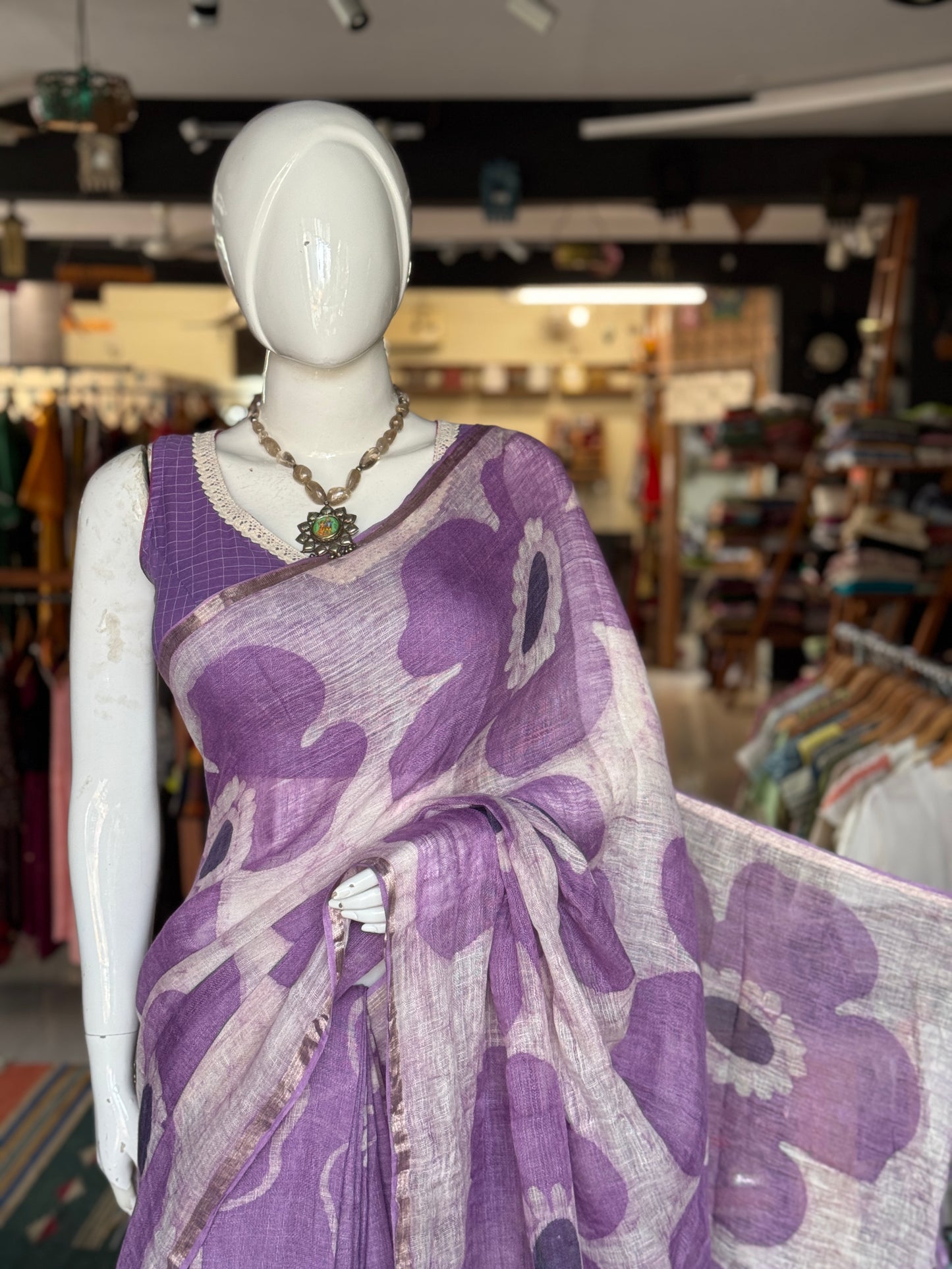 Lavender flowers hand painted linen saree
