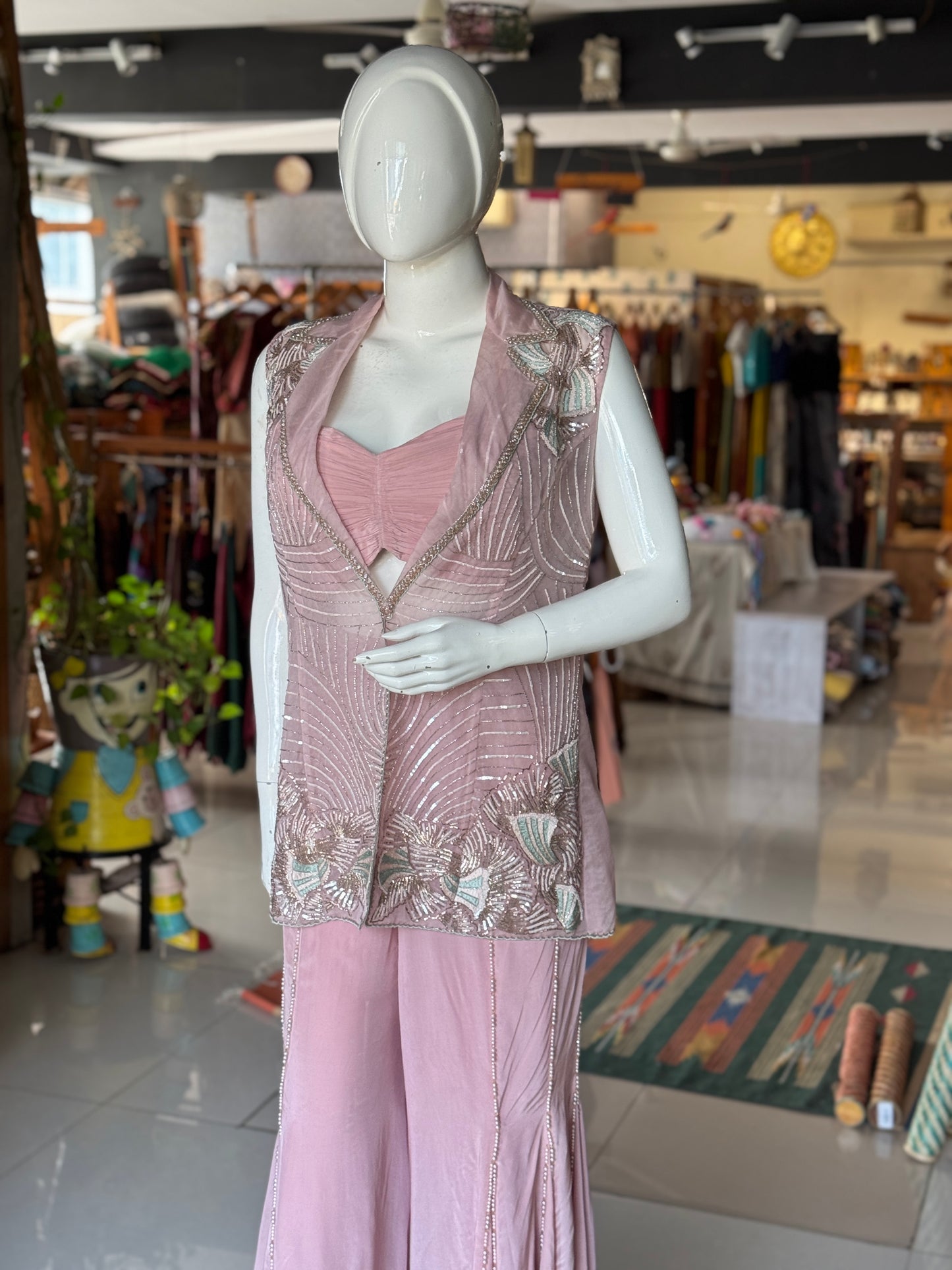 Soft pink wonder - hand embroidered organza jacket, crepe bustier and sharara - 3 piece set