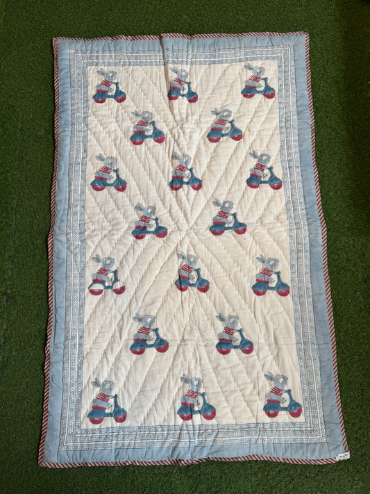 Rabbit on a scooter cute hand block printed reversible cotton quilts / play mats for children