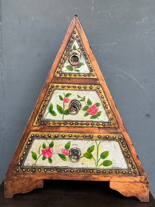 Wooden pyramid 3 drawer cabinet in vintage look - beautifully handcrafted