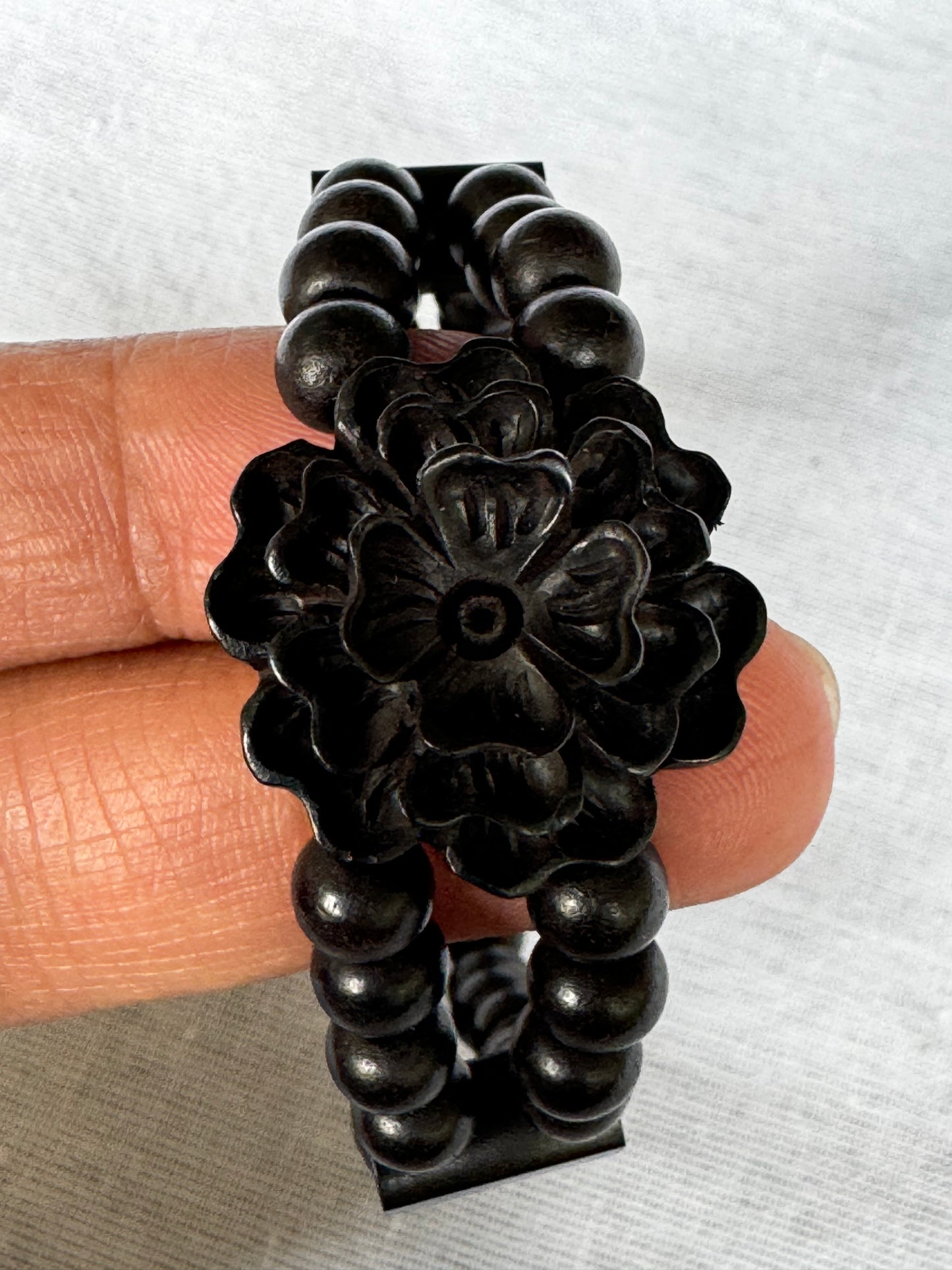 Black ebony wood 2 layers beads bracelet with carved flower center - free size, with elastic