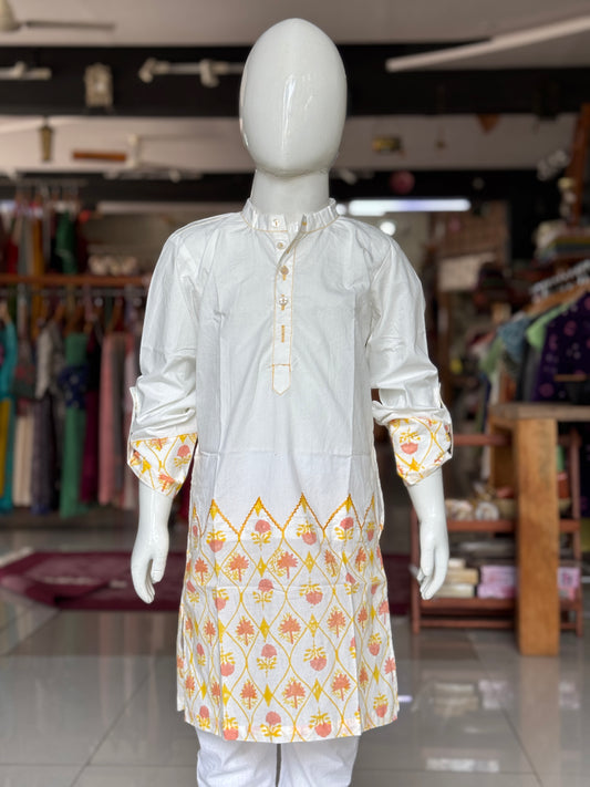 Off white floral hand block printed cotton long kurta for boys with embroidery detailing