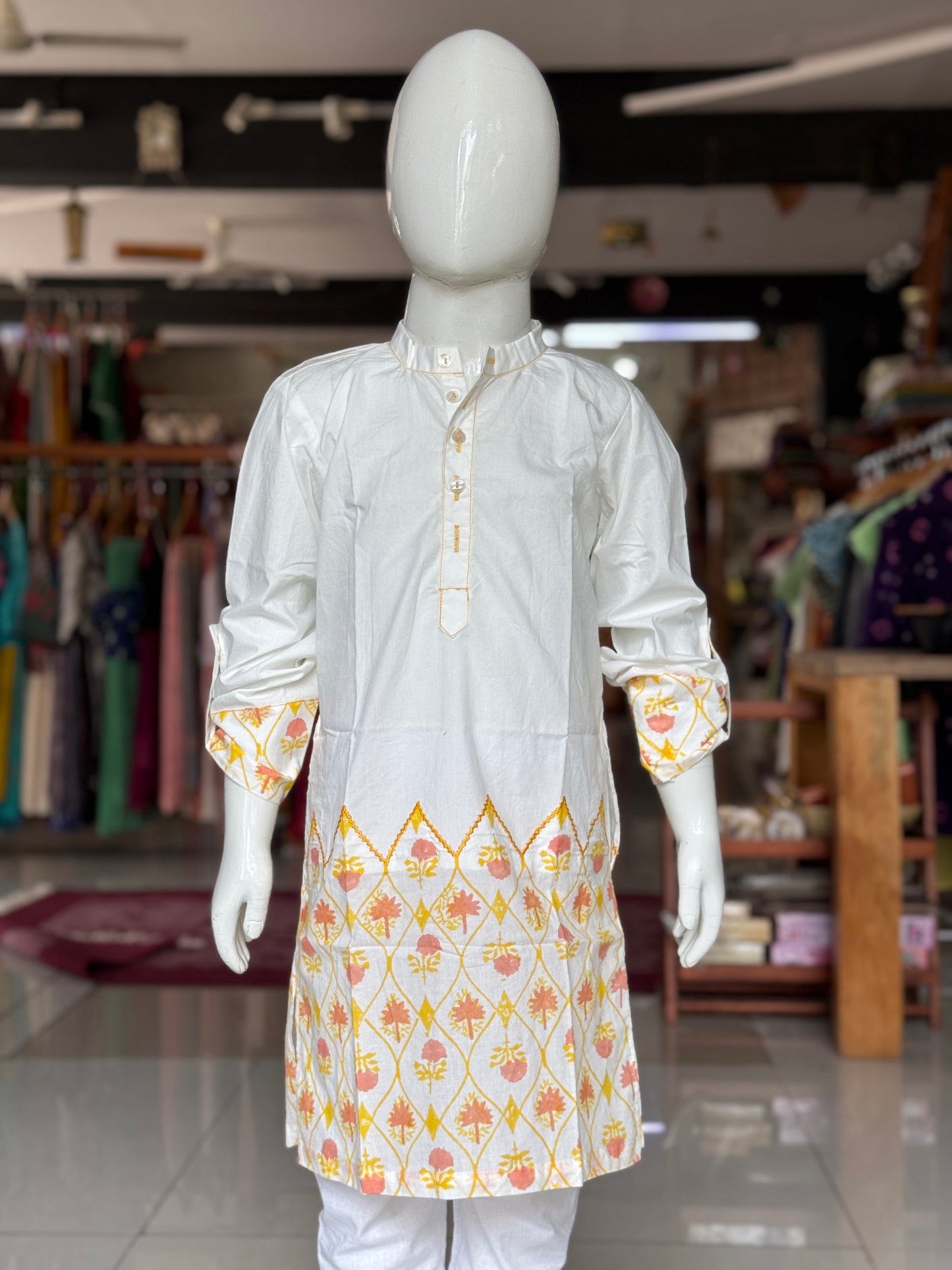 Off white floral hand block printed cotton long kurta for boys with embroidery detailing