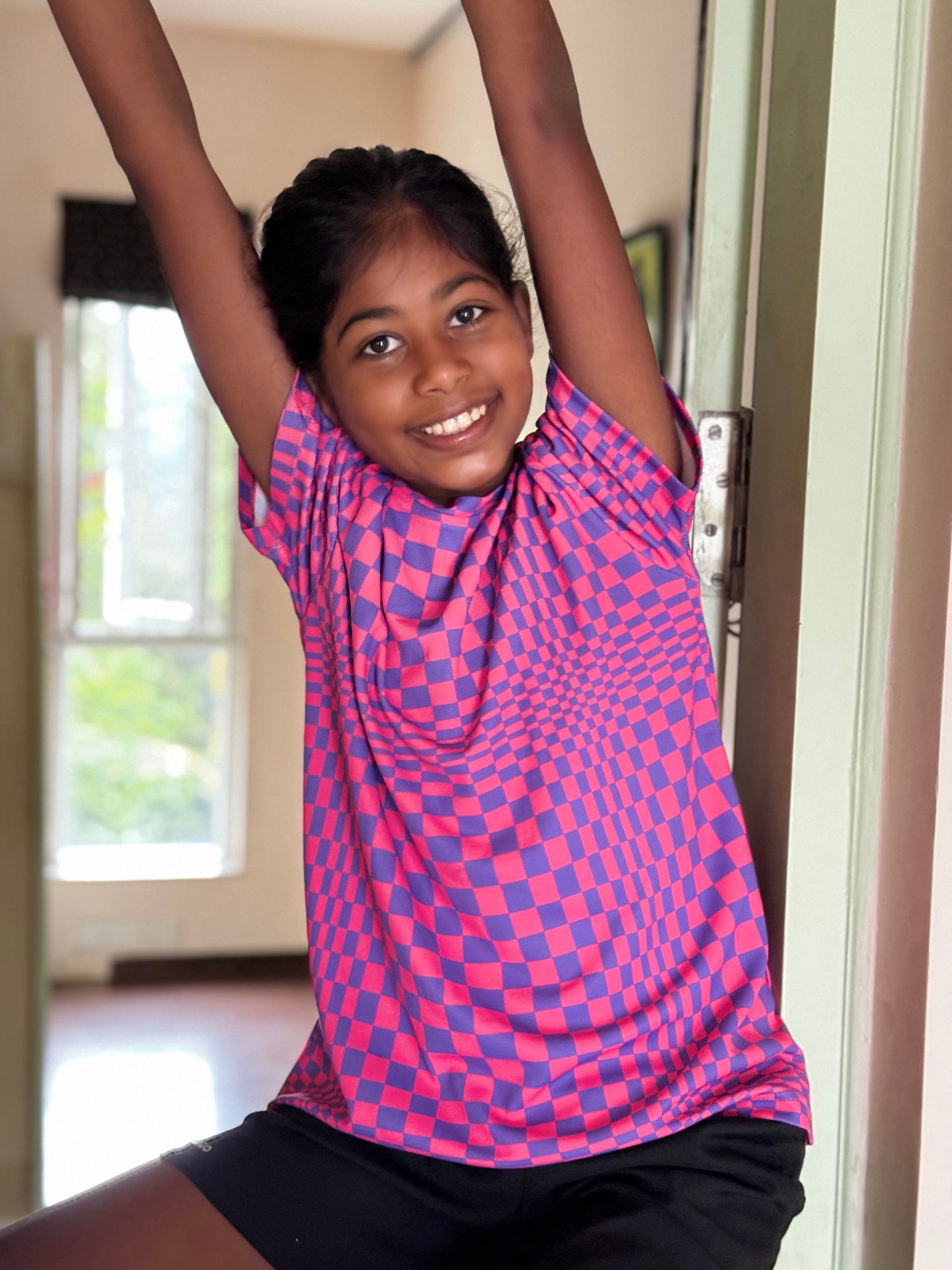 Pink checkered dry fit sports tee for girls