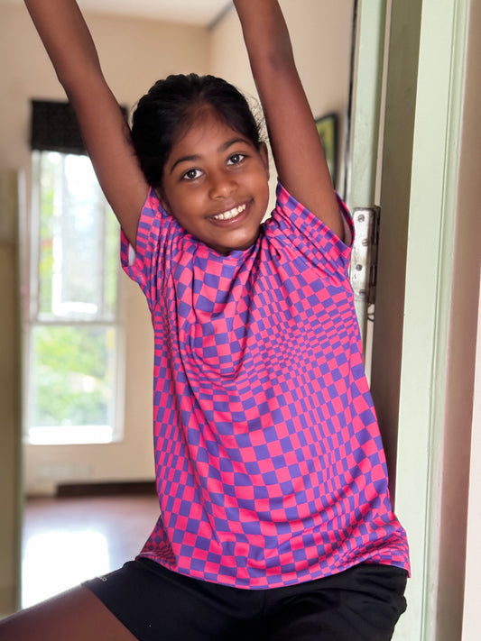 Pink checkered dry fit sports tee for girls