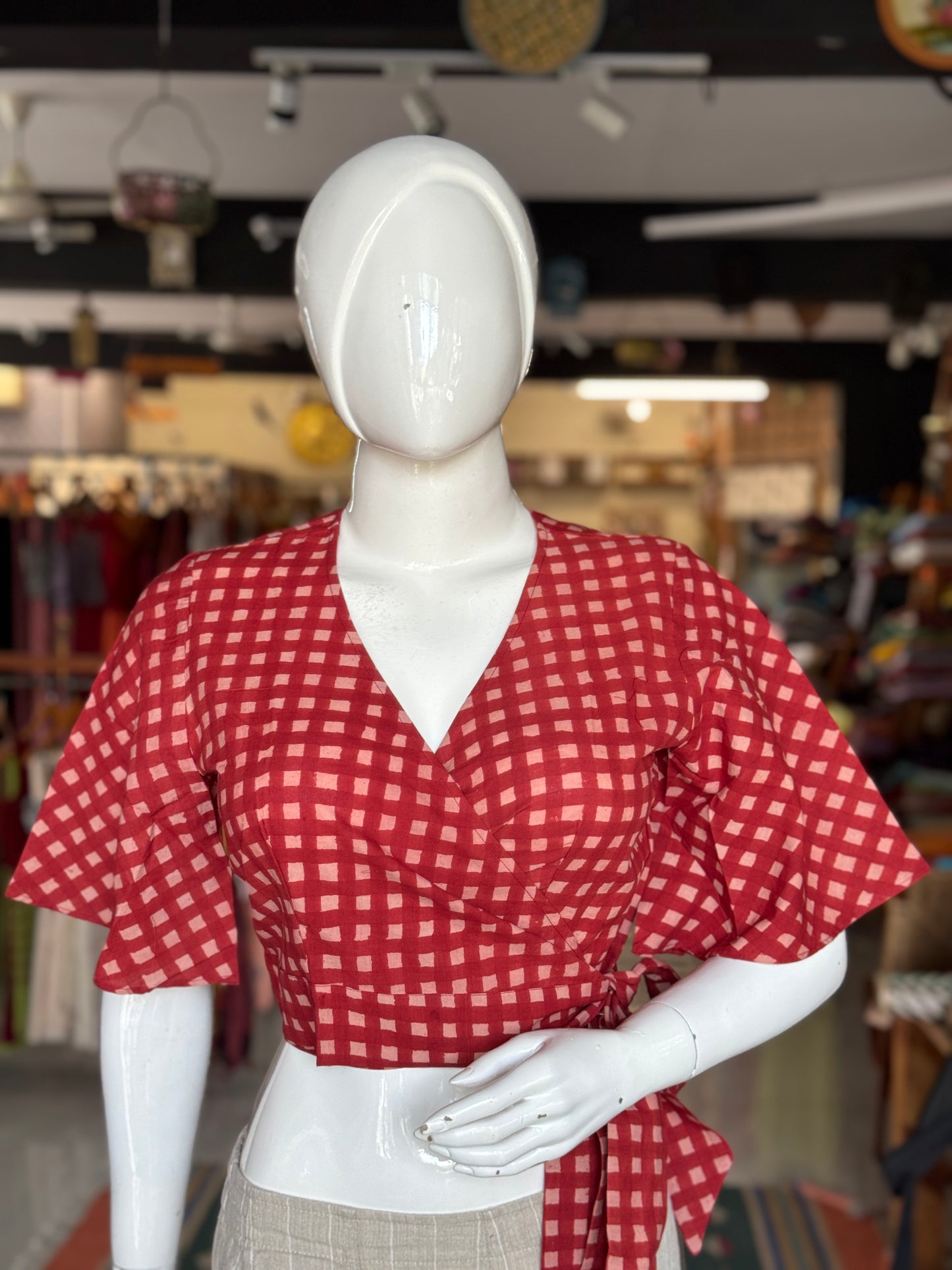 Wrap style free size cotton crop top blouse in natural dyed, hand block printed cotton