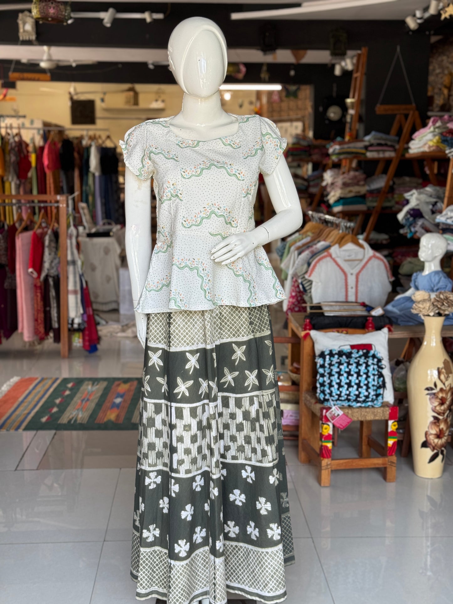 Dots n flowers handwoven digital printed cotton peplumtop