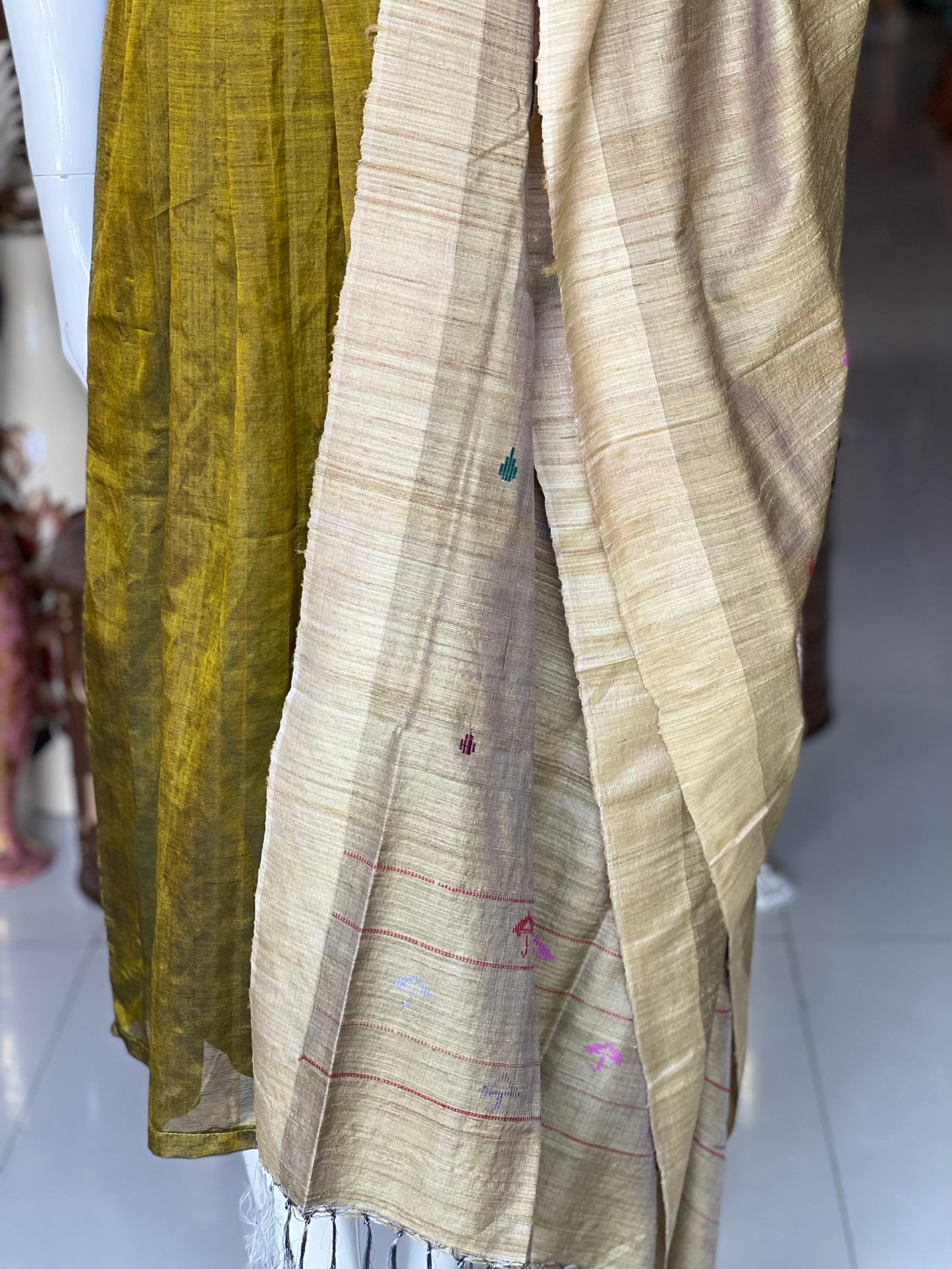 Olive green hand woven tussar x mulberry silk natural dyed dupatta with umbrella motifs