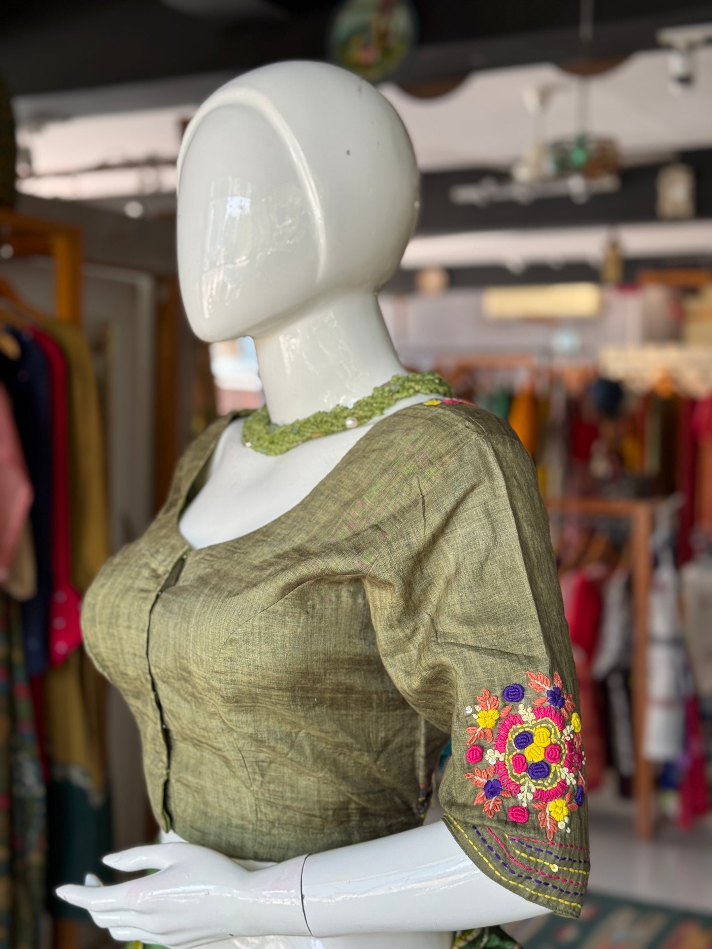 Green floral hand kantha embroidered silk blouse
